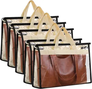 5 Pack Dust Bags for Handbags,Purse Dust Bags with Zipper and Handle,Clear Anti-dust Purse Storage Bag,Hanging Handbags Cover for Closet Hanging Storage(Small)