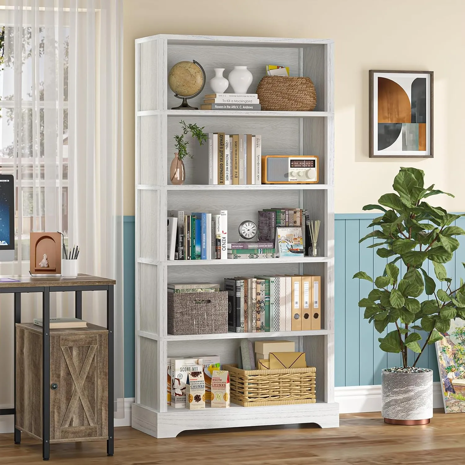 5-Shelf Wood Bookcase, 65 Inch Tall Bookshelf with Storage, Floor Standing Display Book Shelf