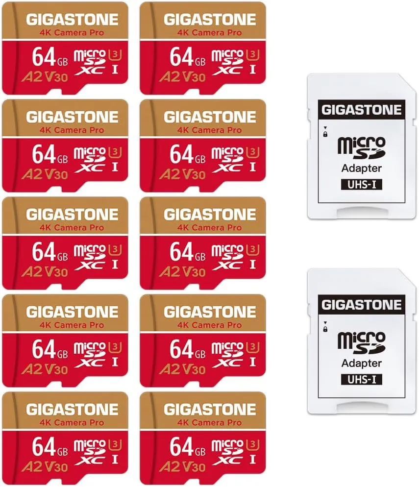 [5-Yrs Free Data Recovery] GIGASTONE 64GB 10-Pack Micro SD Card, 4K Camera Pro, for GoPro, Security Camera, Wyze, DJI, Drone, Dash Cam, R/W up to 95/35MB/s MicroSDXC Memory Card UHS-I U3 A2 V30