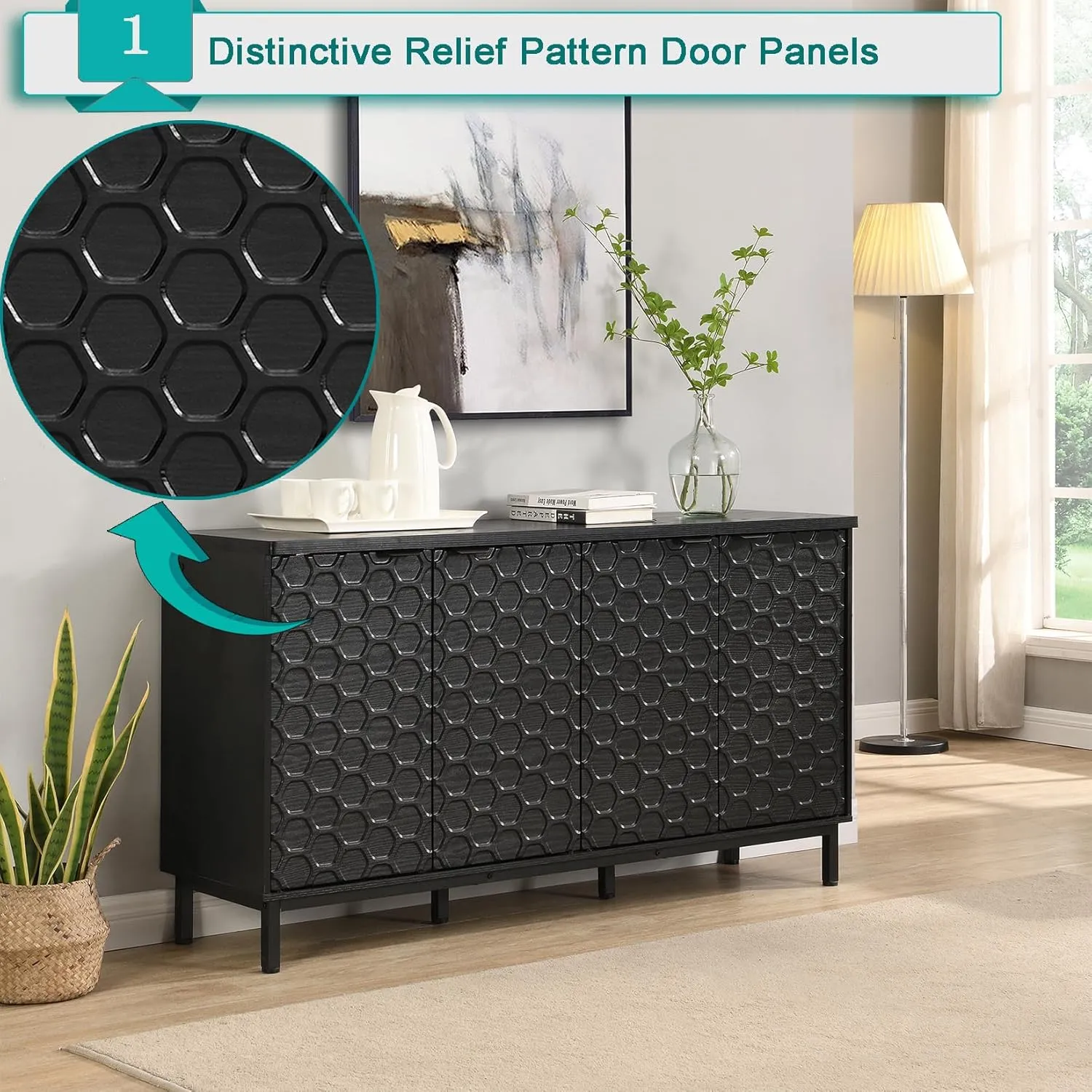 55” Black Sideboard Buffet Storage Cabinet with LED Light, Modern Accent Cabinet, 4 Doors Kitchen Credenza for Living Room with Adjustable Shelf