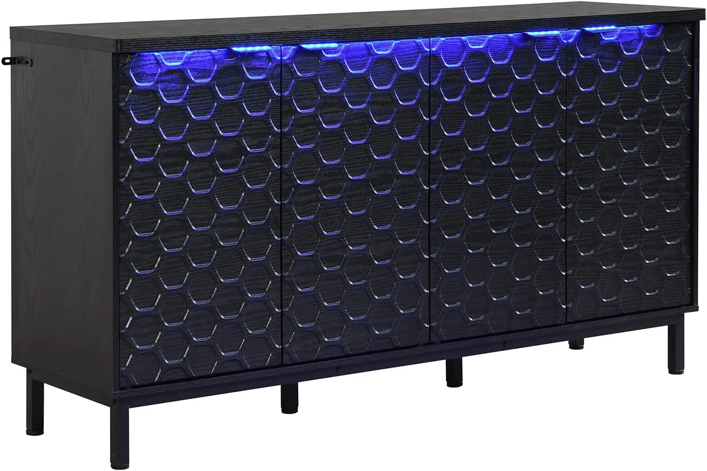 55” Black Sideboard Buffet Storage Cabinet with LED Light, Modern Accent Cabinet, 4 Doors Kitchen Credenza for Living Room with Adjustable Shelf