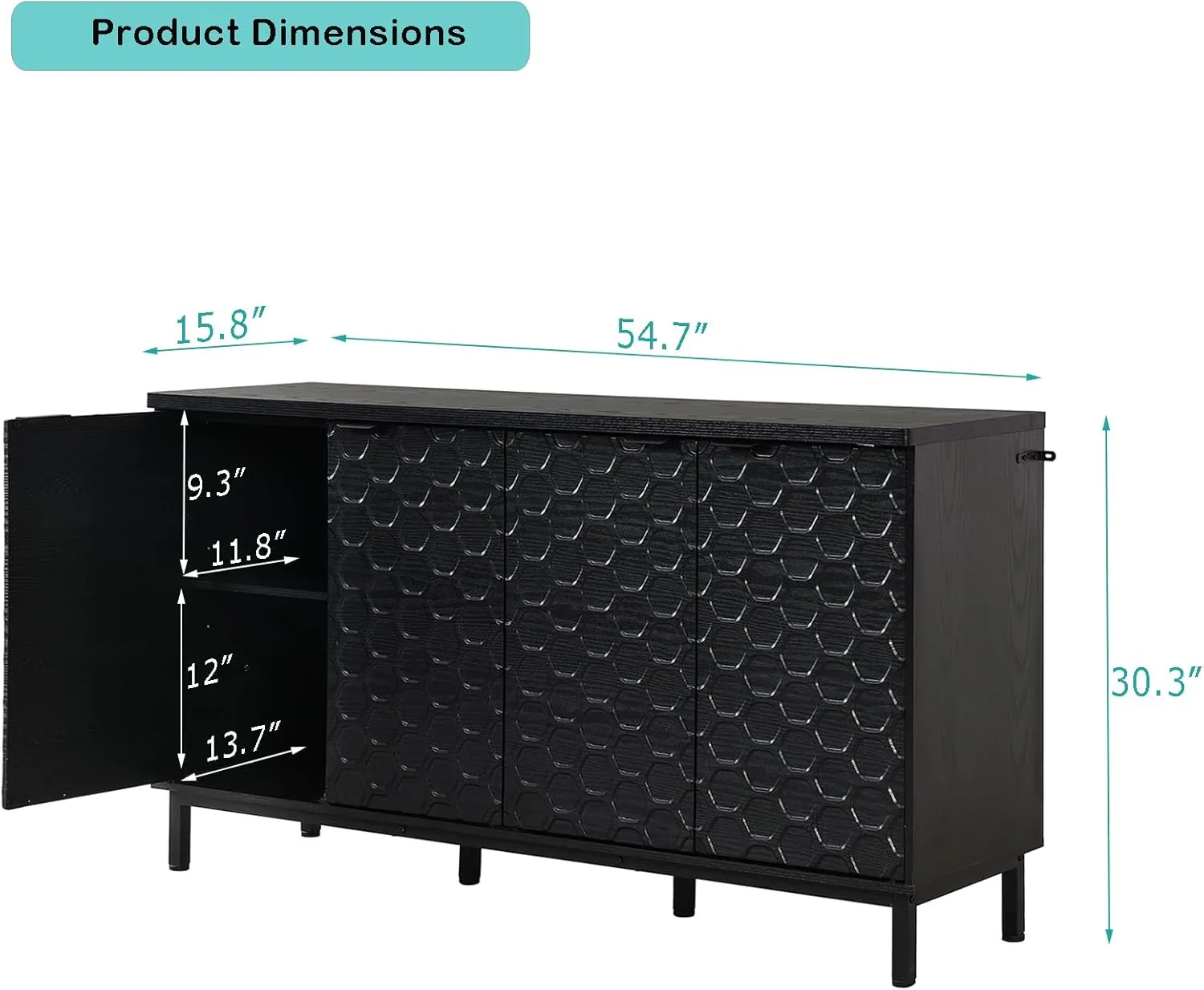 55” Black Sideboard Buffet Storage Cabinet with LED Light, Modern Accent Cabinet, 4 Doors Kitchen Credenza for Living Room with Adjustable Shelf