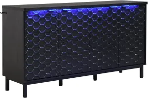 55” Black Sideboard Buffet Storage Cabinet with LED Light, Modern Accent Cabinet, 4 Doors Kitchen Credenza for Living Room with Adjustable Shelf