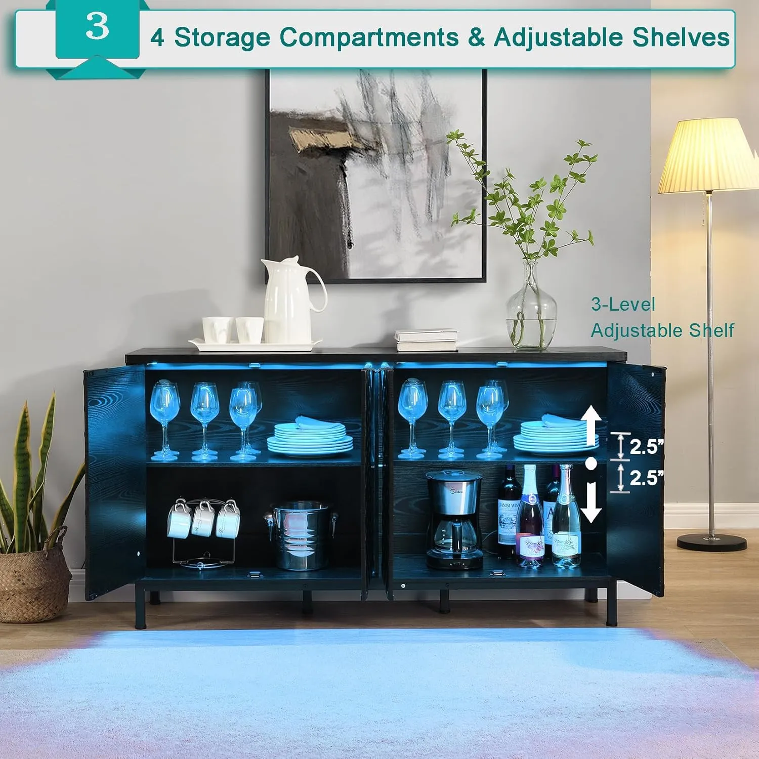 55” Black Sideboard Buffet Storage Cabinet with LED Light, Modern Accent Cabinet, 4 Doors Kitchen Credenza for Living Room with Adjustable Shelf