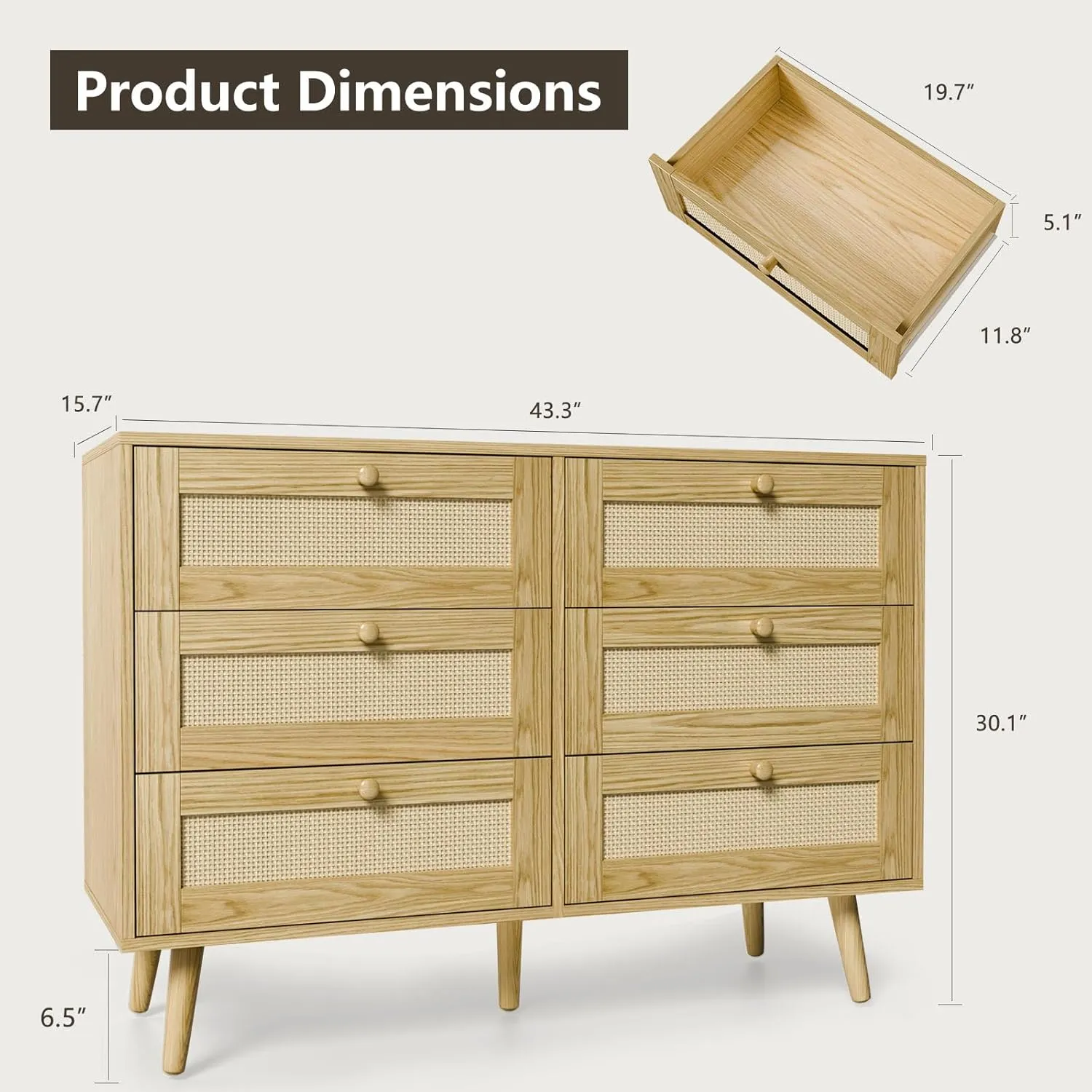 6 Drawer Storage Rattan Dresser, Boho Dresser Chest for Bedroom Hallway Living Room, Oak