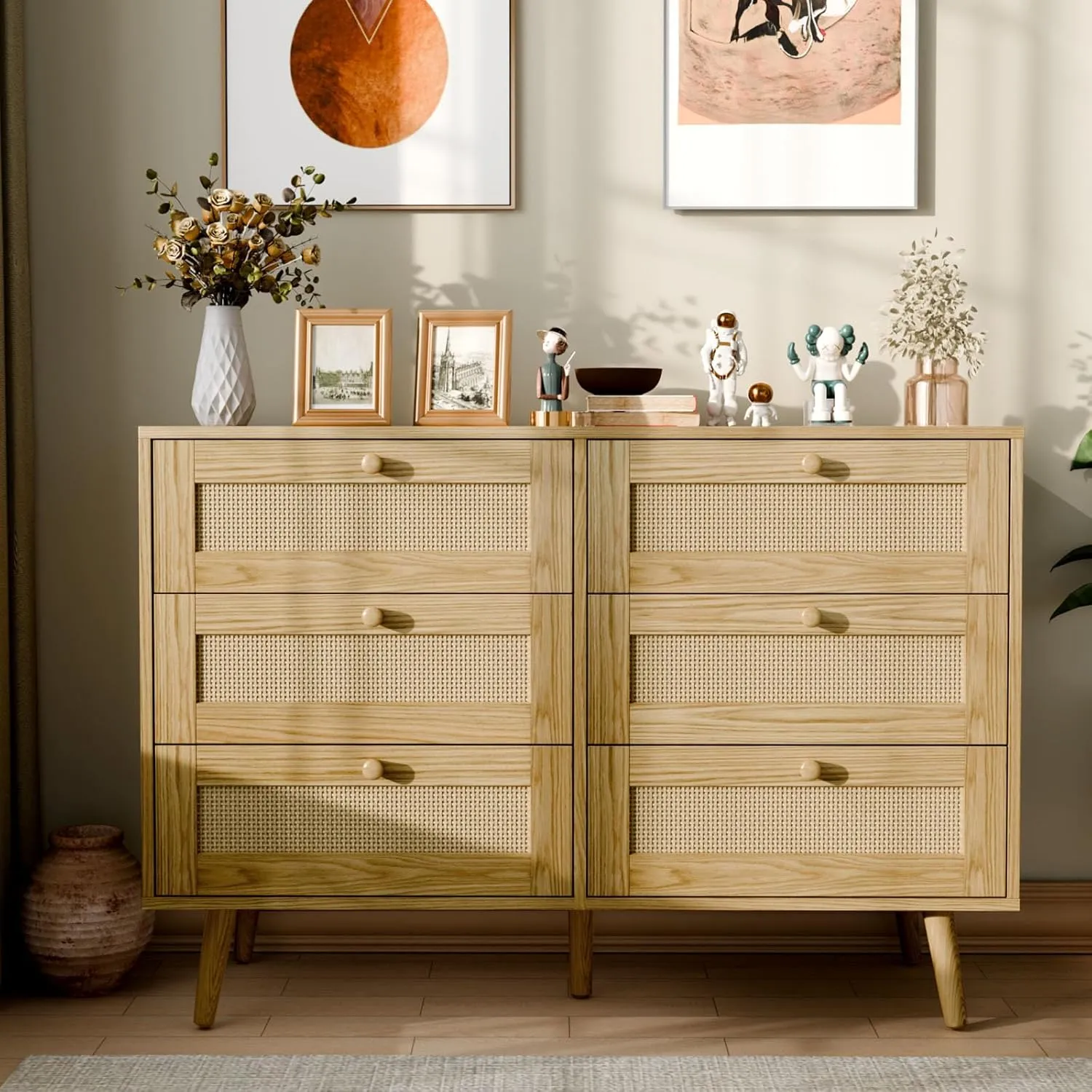 6 Drawer Storage Rattan Dresser, Boho Dresser Chest for Bedroom Hallway Living Room, Oak