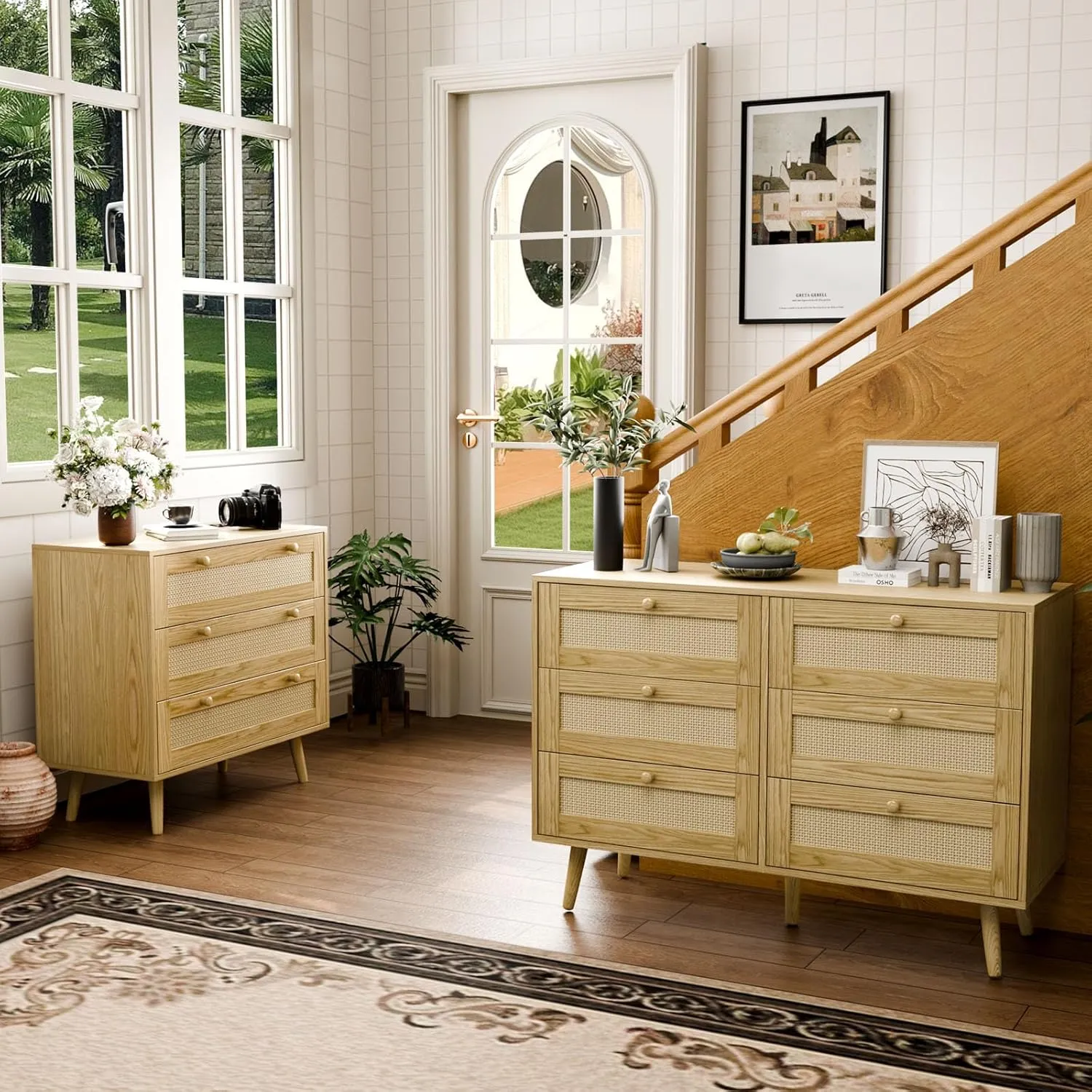 6 Drawer Storage Rattan Dresser, Boho Dresser Chest for Bedroom Hallway Living Room, Oak
