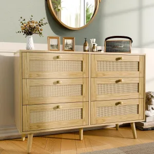 6 Drawer Storage Rattan Dresser, Boho Dresser Chest for Bedroom Hallway Living Room, Oak