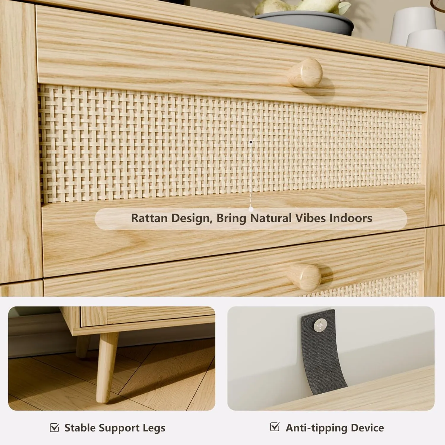 6 Drawer Storage Rattan Dresser, Boho Dresser Chest for Bedroom Hallway Living Room, Oak