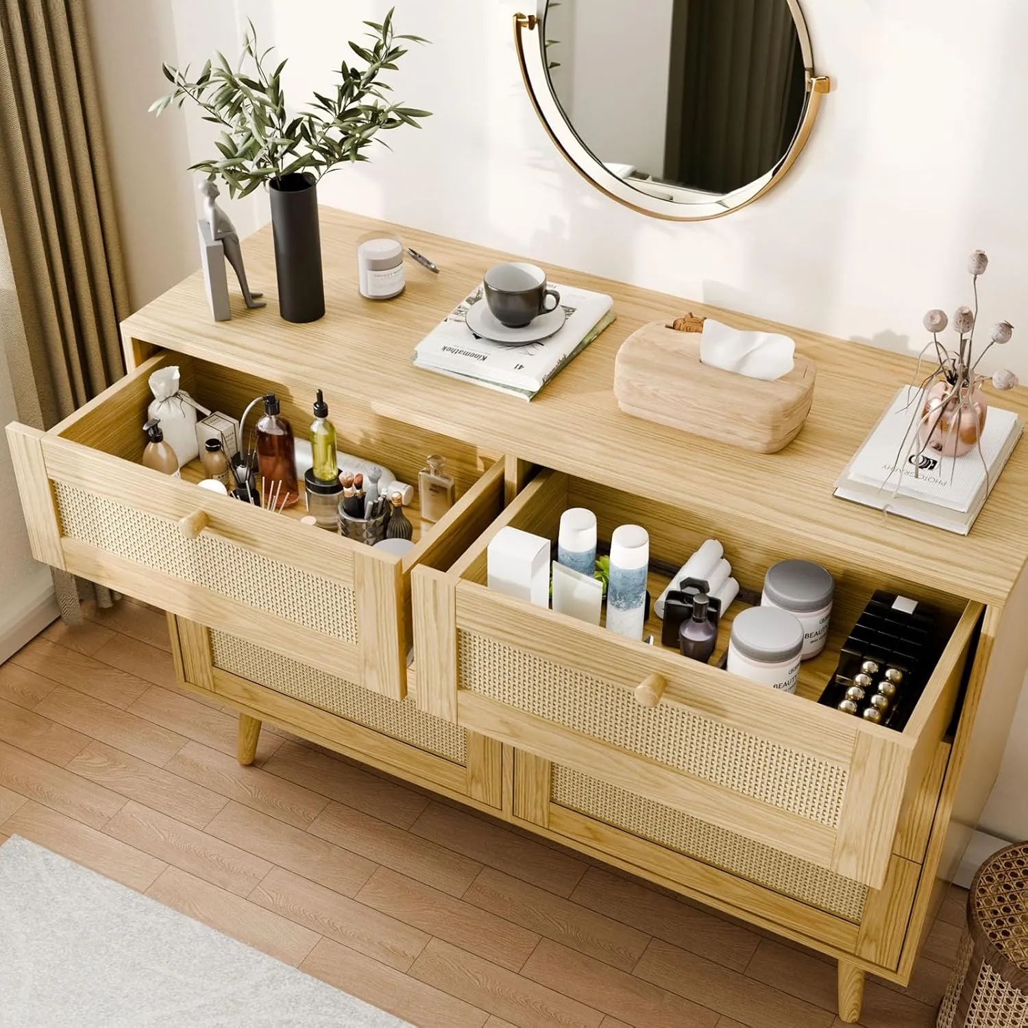6 Drawer Storage Rattan Dresser, Boho Dresser Chest for Bedroom Hallway Living Room, Oak
