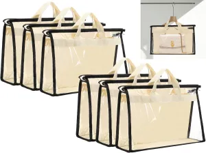 6 Pack Dust Bags for Handbags,Clear Handbag Storage Organizer,Purse Storage Bag with Zipper and Handle,Transparent Purse Protector Storage Bag,Handbag Dust Bags for Closet(Beige,Small)