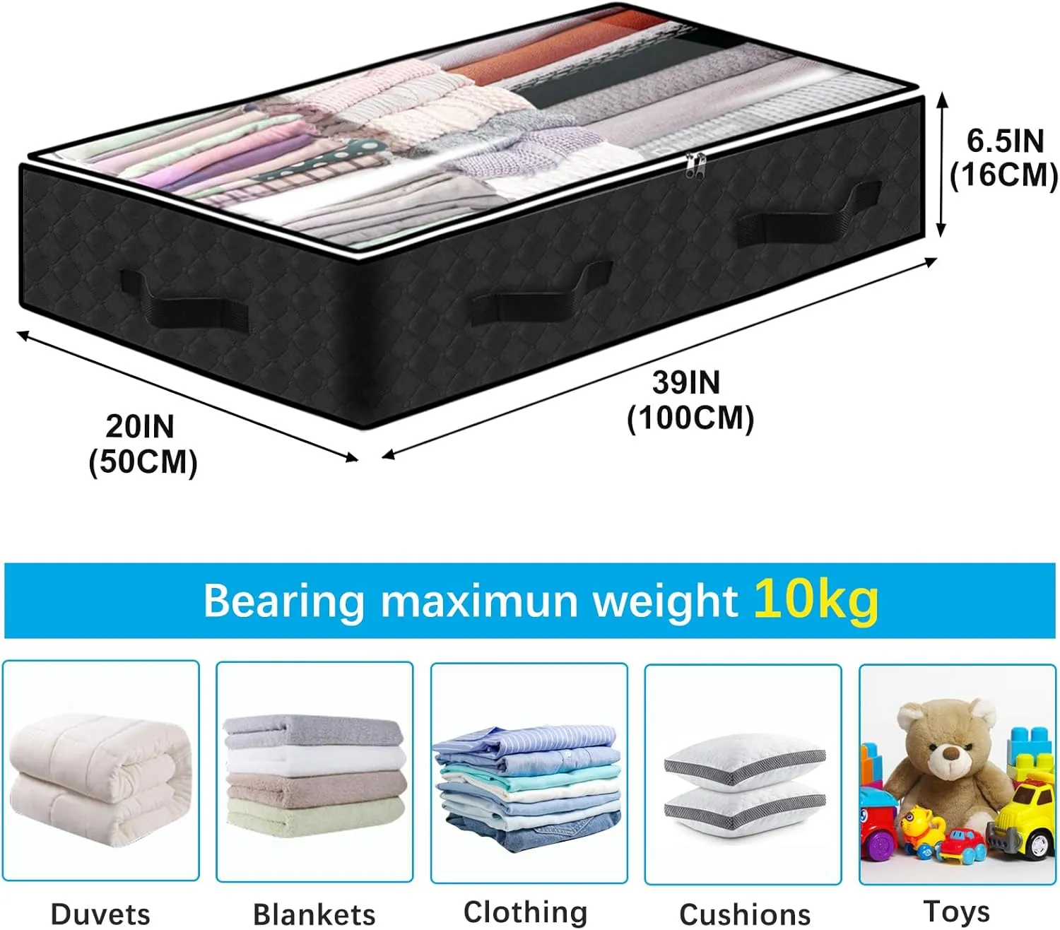 6 Pack Under bed Storage Containers, 90L Large Capacity Bedroom Closet Organizers and Storage Bins Foldable Underbed Storage Bags for Clothes, Blanket, Towels, Comforter, Sweaters, Linen Sheet Black