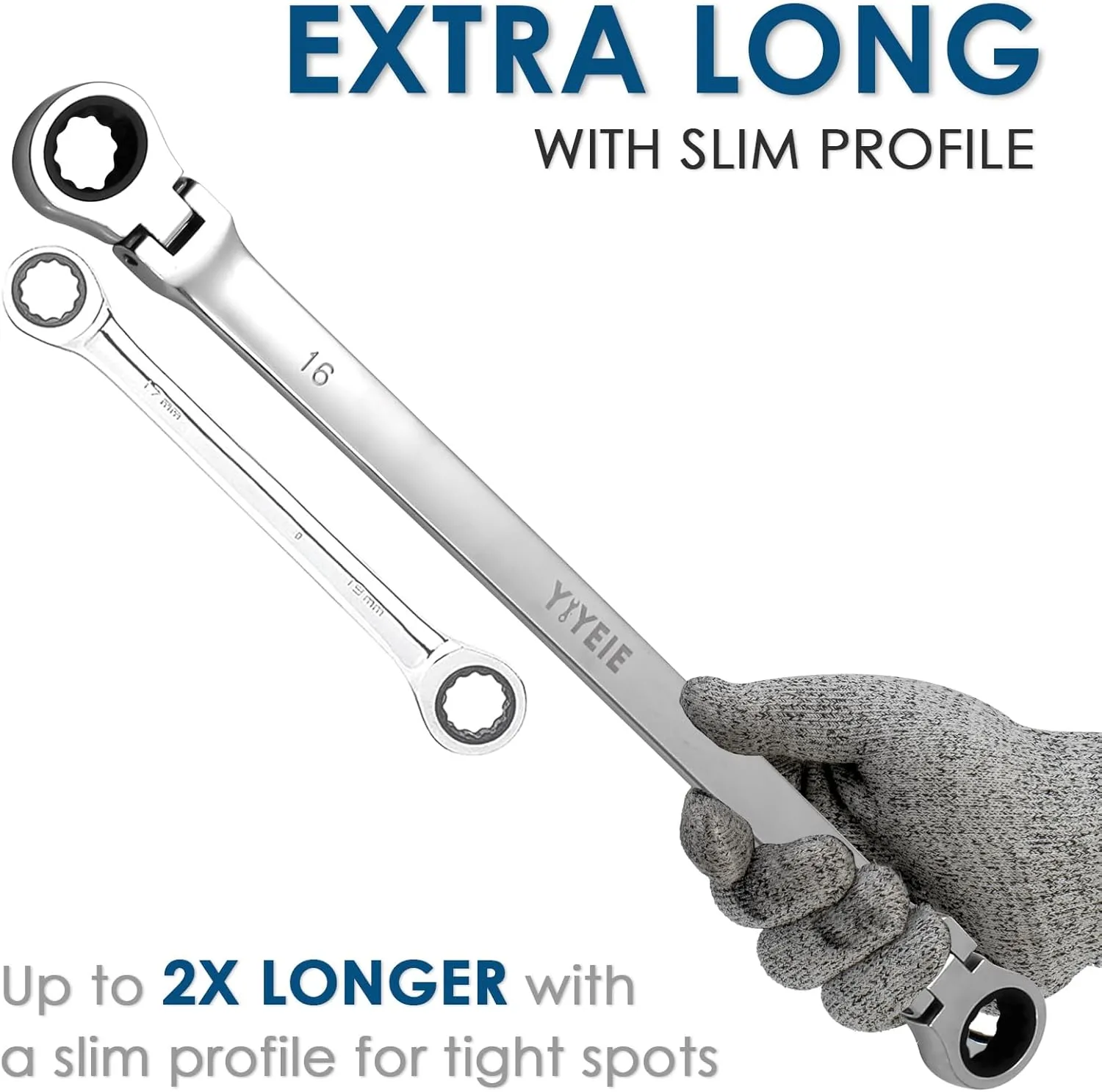 6 Pcs Extra Long Flex Head Ratcheting Wrench Set, Metric Long Wrench 8mm - 19mm, 72-Tooth Double Box End Wrenches, Chrome Vanadium Steel with Mirror Polish Finish, Rolling Pouch