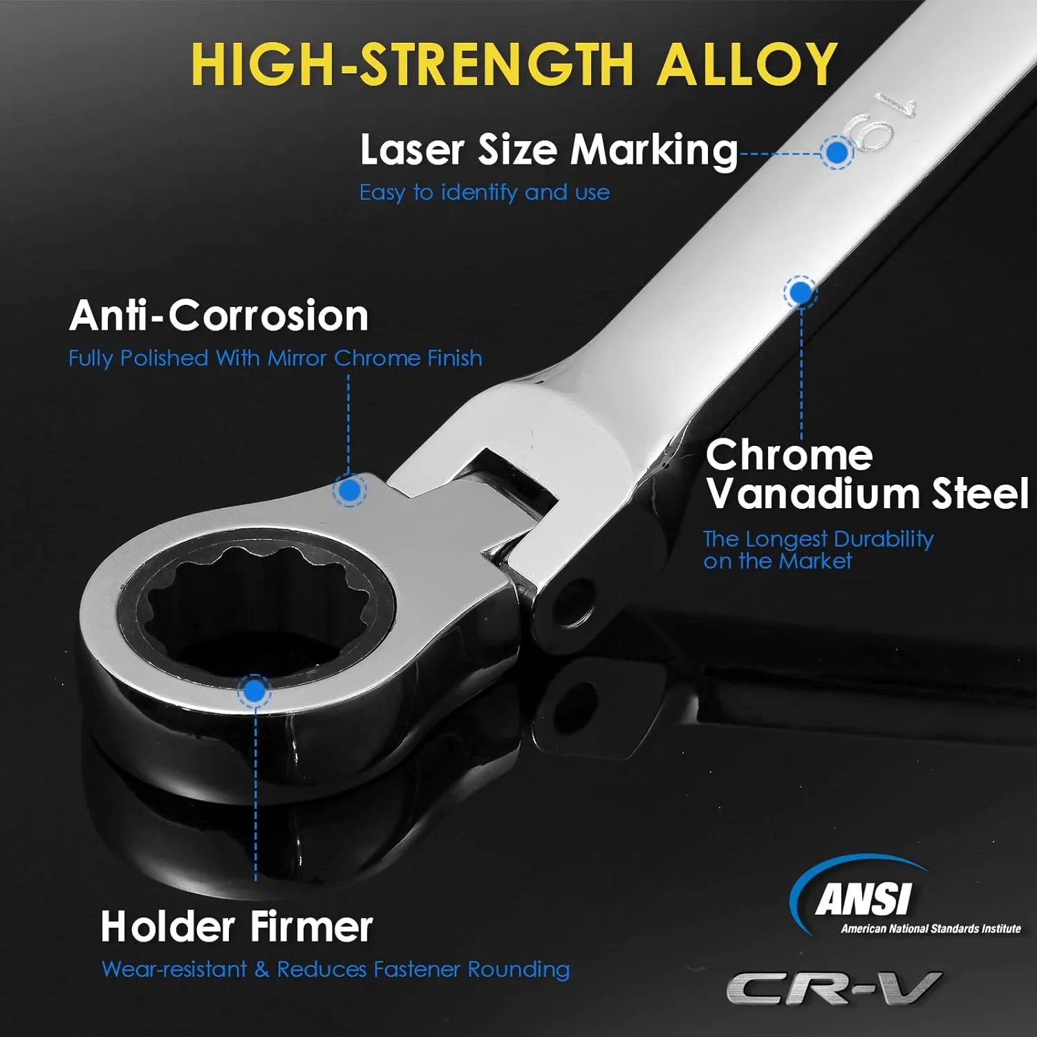 6 Pcs Extra Long Flex Head Ratcheting Wrench Set, Metric Long Wrench 8mm - 19mm, 72-Tooth Double Box End Wrenches, Chrome Vanadium Steel with Mirror Polish Finish, Rolling Pouch