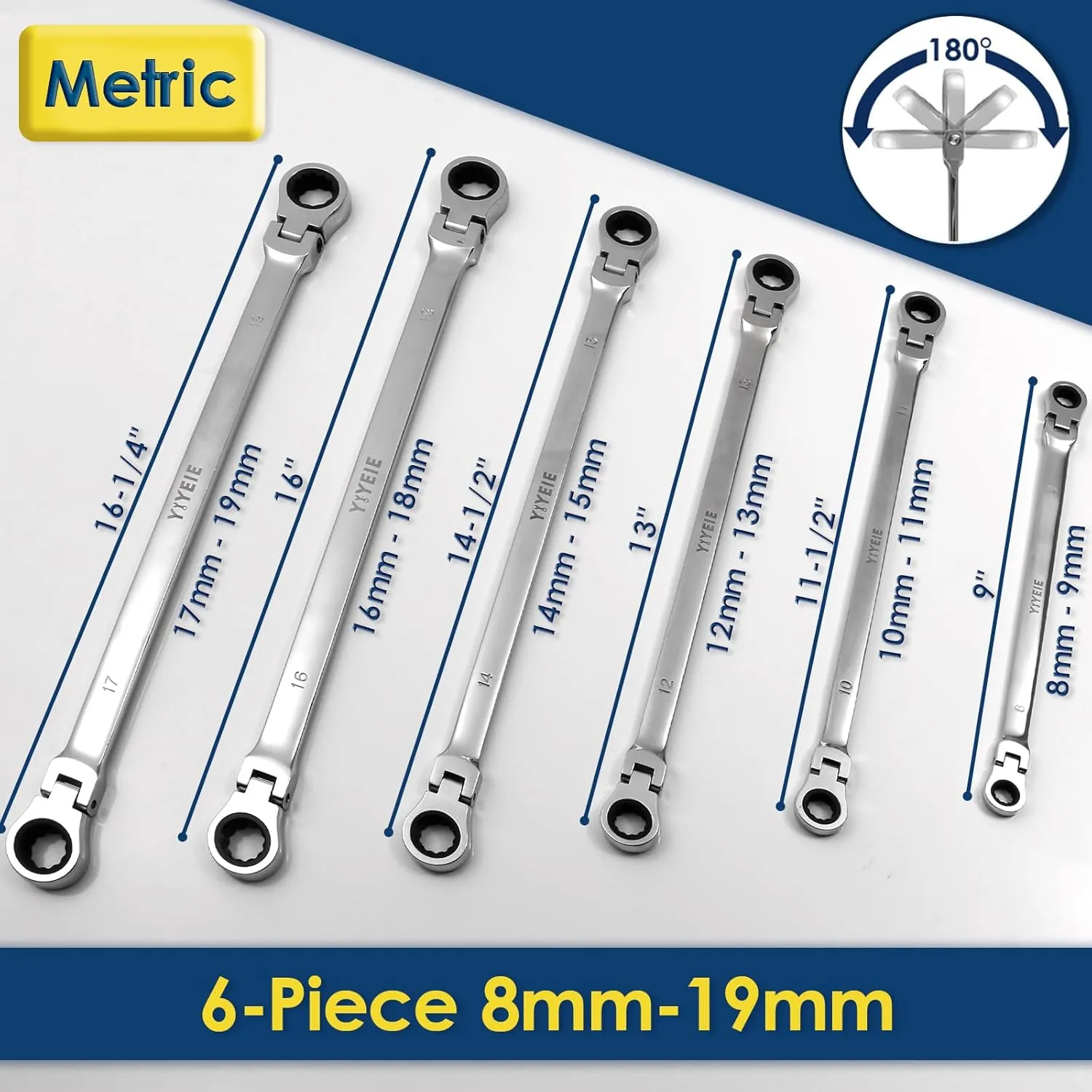 6 Pcs Extra Long Flex Head Ratcheting Wrench Set, Metric Long Wrench 8mm - 19mm, 72-Tooth Double Box End Wrenches, Chrome Vanadium Steel with Mirror Polish Finish, Rolling Pouch