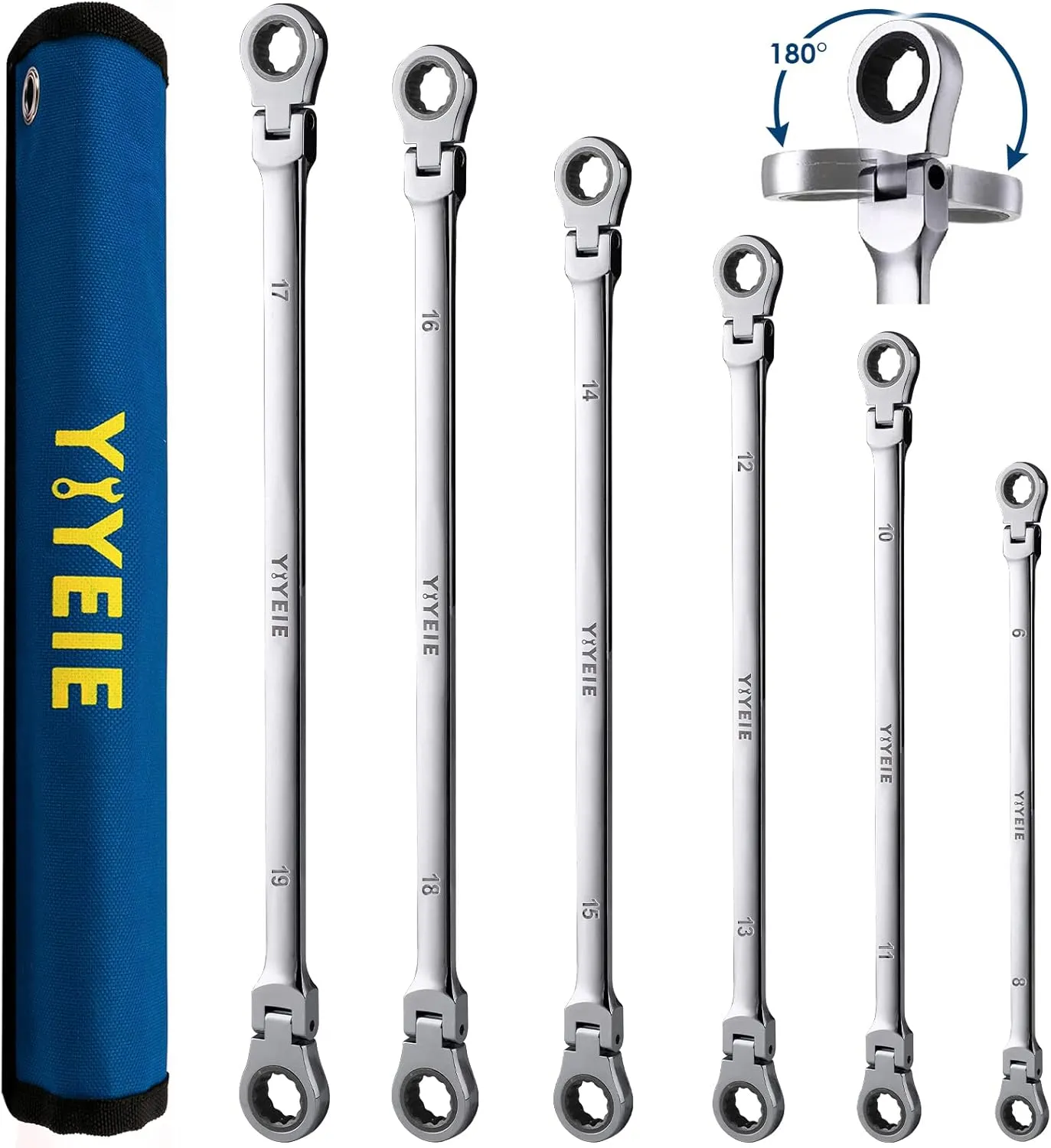 6 Pcs Extra Long Flex Head Ratcheting Wrench Set, Metric Long Wrench 8mm - 19mm, 72-Tooth Double Box End Wrenches, Chrome Vanadium Steel with Mirror Polish Finish, Rolling Pouch