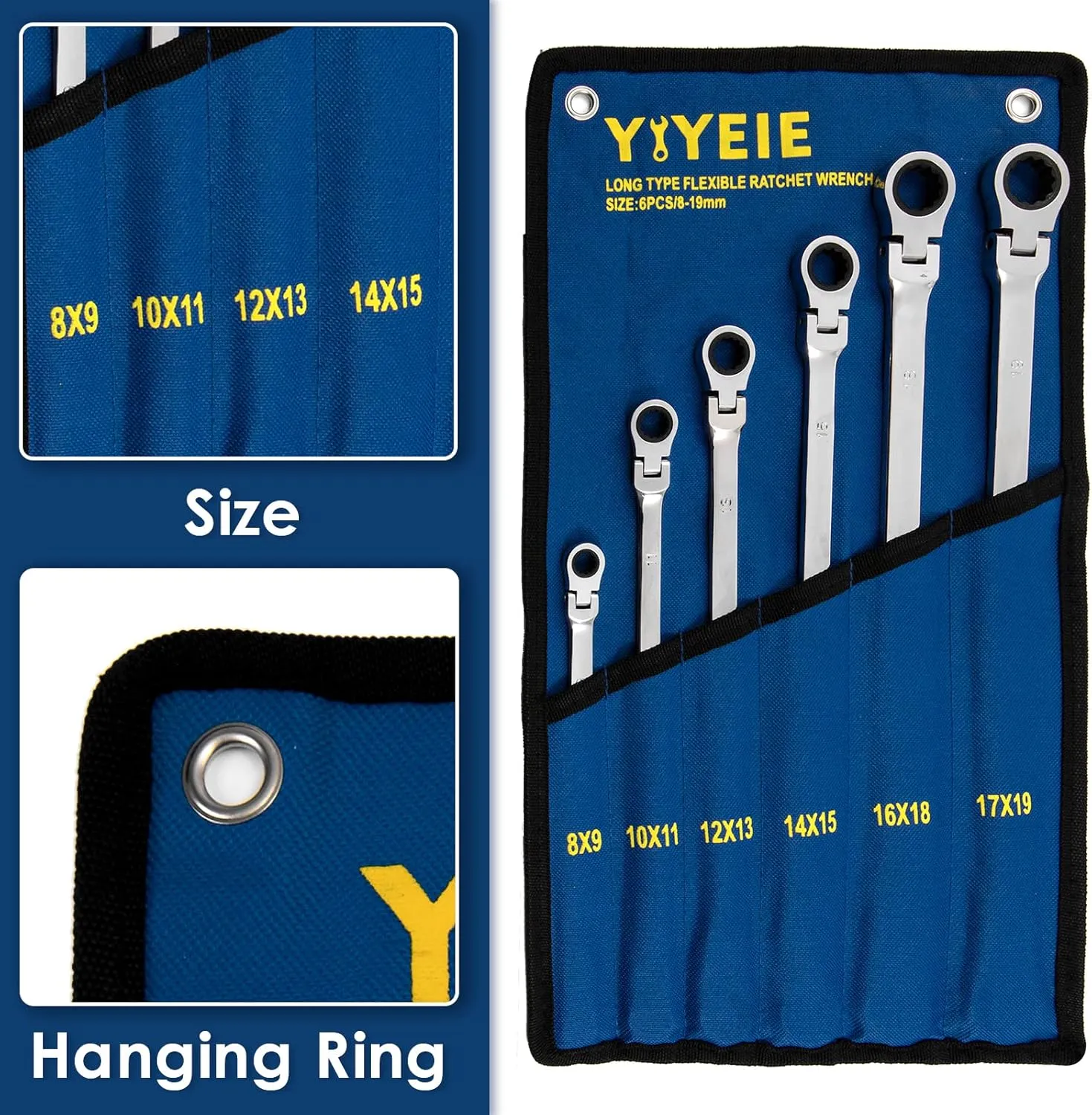 6 Pcs Extra Long Flex Head Ratcheting Wrench Set, Metric Long Wrench 8mm - 19mm, 72-Tooth Double Box End Wrenches, Chrome Vanadium Steel with Mirror Polish Finish, Rolling Pouch