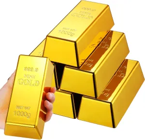6 Pcs Fake Gold Bar Replica Brick Bullion Glittering Movie Prop for Stage Decoration Halloween Pirate Costume Supplies Novelty Gifts Paper Weight Door Stop (Gold, 6.5 Inch)