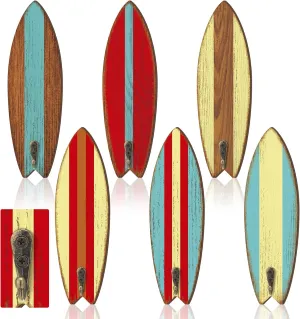 6 Pcs Surfboard Wall Hooks Wooden Surfboard Towel Hooks Decorative Hawaiian Tropical Surf Board Wall Hangers Vintage Summer Towel Hangers Decor for Beach Pool Bathroom Bedroom Decoration