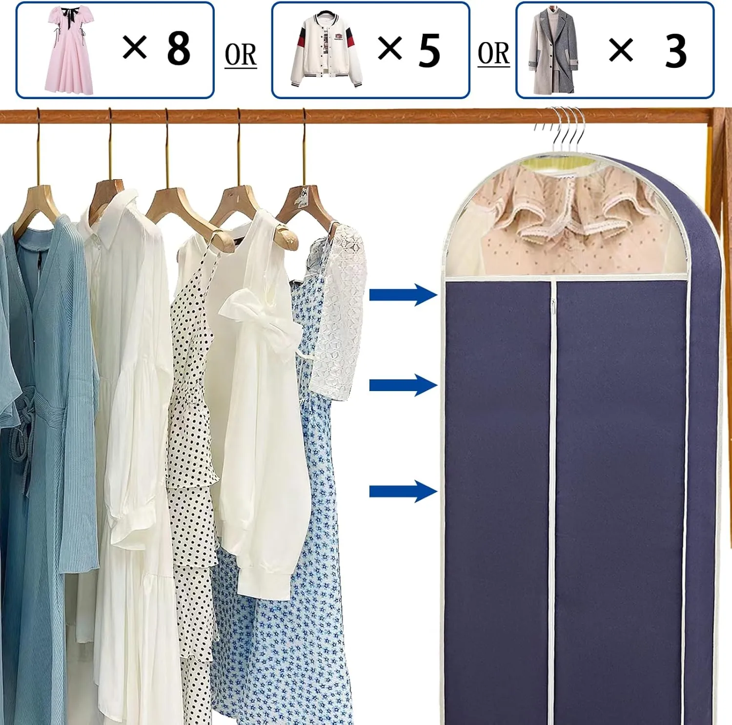 60" Garment Bags for Hanging Clothes (3-Pack). Perfect for wardrobe storage, the suit bag with 4-inch gussets is perfect for storing long coats, dresses, maxi skirts, dance wear, and wedding dresses.