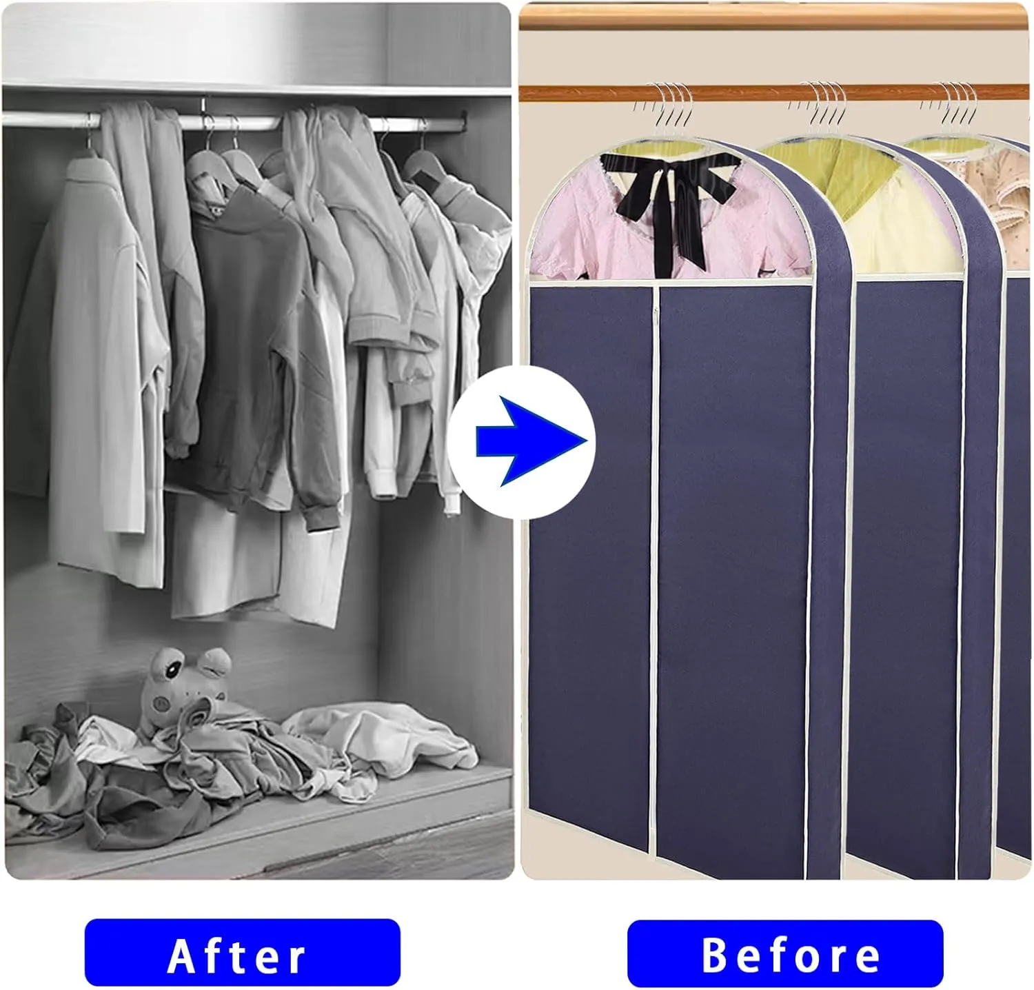 60" Garment Bags for Hanging Clothes (3-Pack). Perfect for wardrobe storage, the suit bag with 4-inch gussets is perfect for storing long coats, dresses, maxi skirts, dance wear, and wedding dresses.