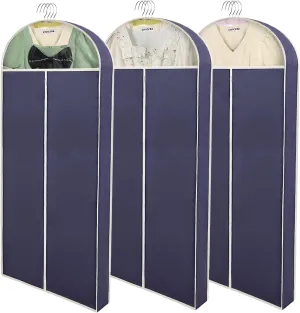 60" Garment Bags for Hanging Clothes (3-Pack). Perfect for wardrobe storage, the suit bag with 4-inch gussets is perfect for storing long coats, dresses, maxi skirts, dance wear, and wedding dresses.