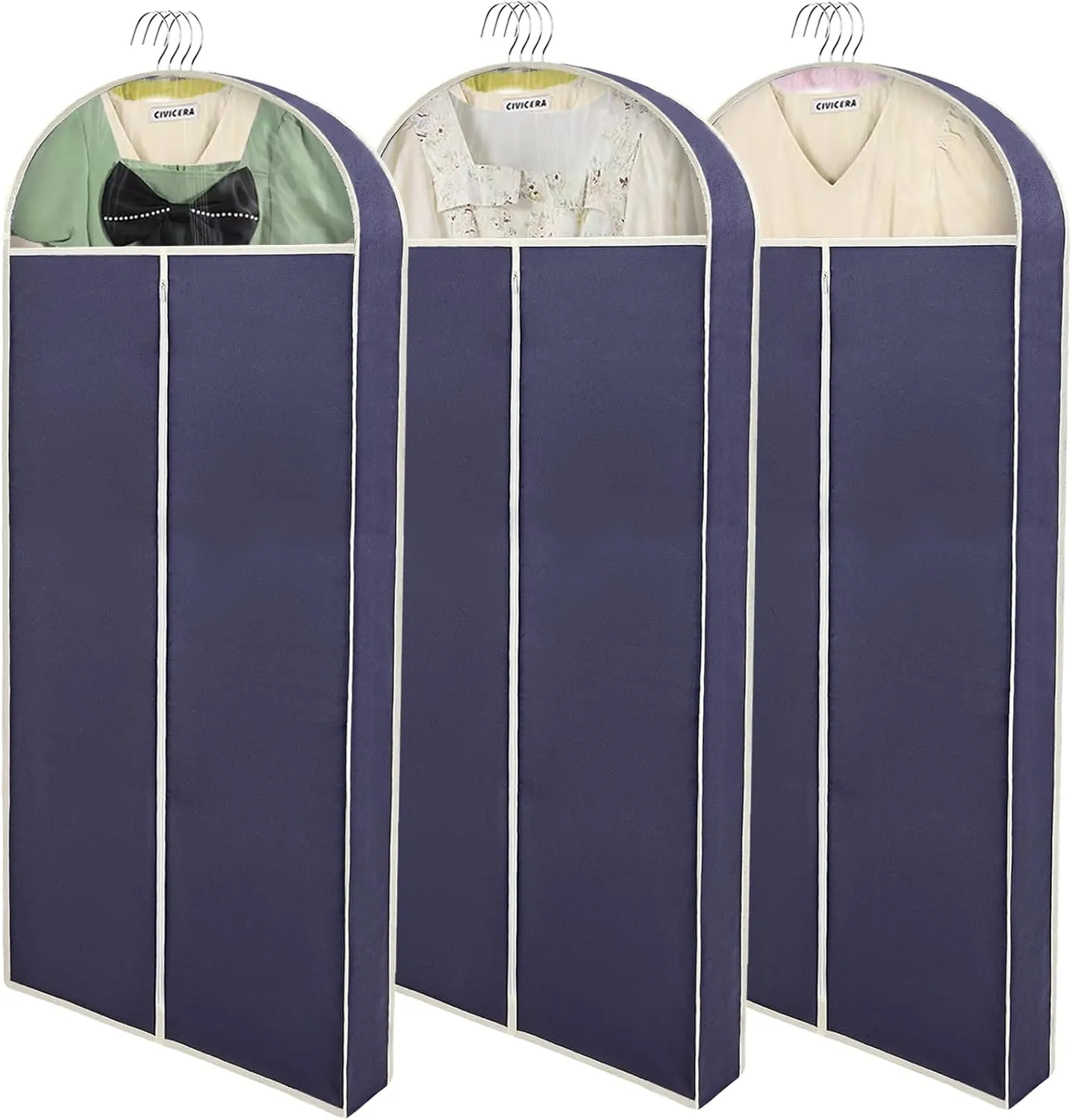 60" Garment Bags for Hanging Clothes (3-Pack). Perfect for wardrobe storage, the suit bag with 4-inch gussets is perfect for storing long coats, dresses, maxi skirts, dance wear, and wedding dresses.