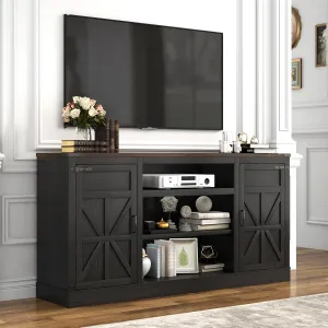 66" Farmhouse TV Stand with Power Outlets for 75 Inch TVs, 33" Tall Entertainment Center with Storage Cabinets w/Adjustable Shelves, Rustic Large TV Media Console for Living Room, Black