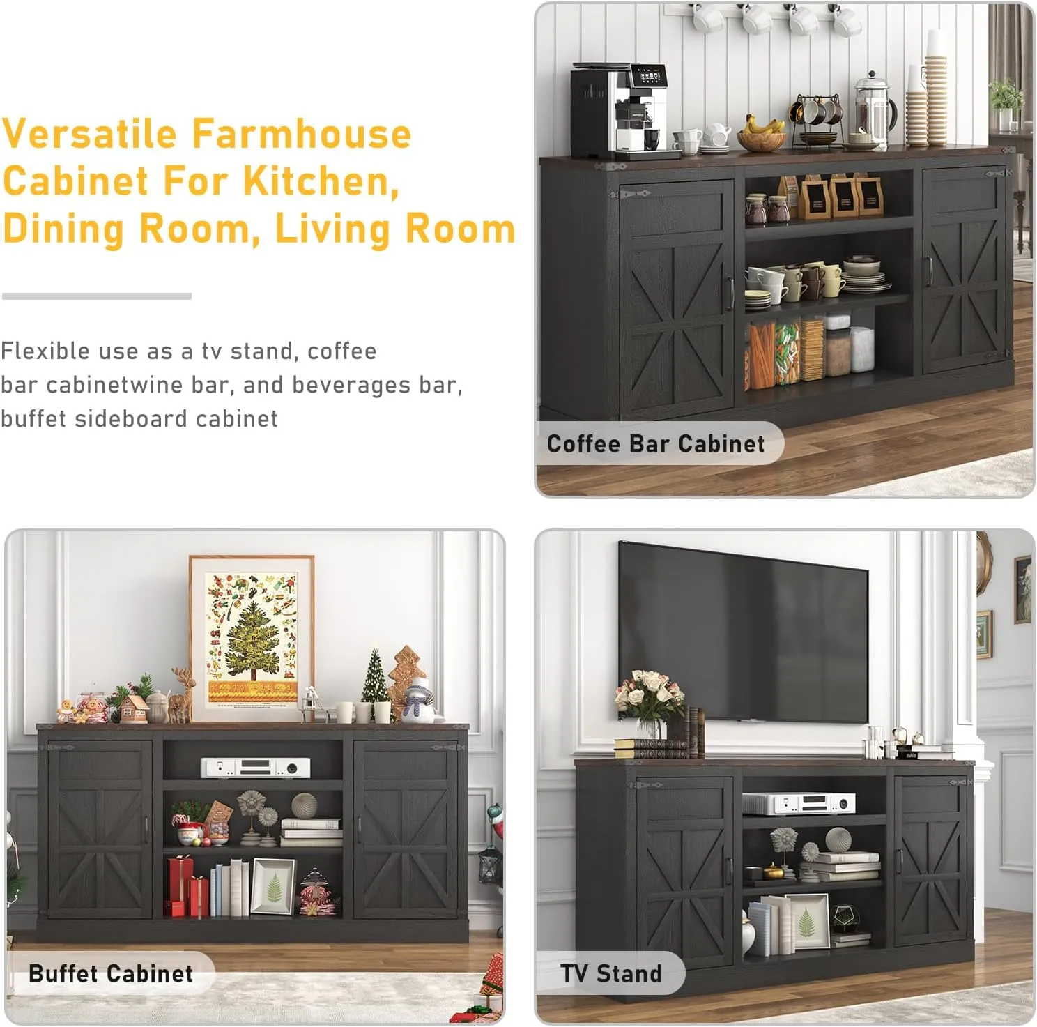 66" Farmhouse TV Stand with Power Outlets for 75 Inch TVs, 33" Tall Entertainment Center with Storage Cabinets w/Adjustable Shelves, Rustic Large TV Media Console for Living Room, Black