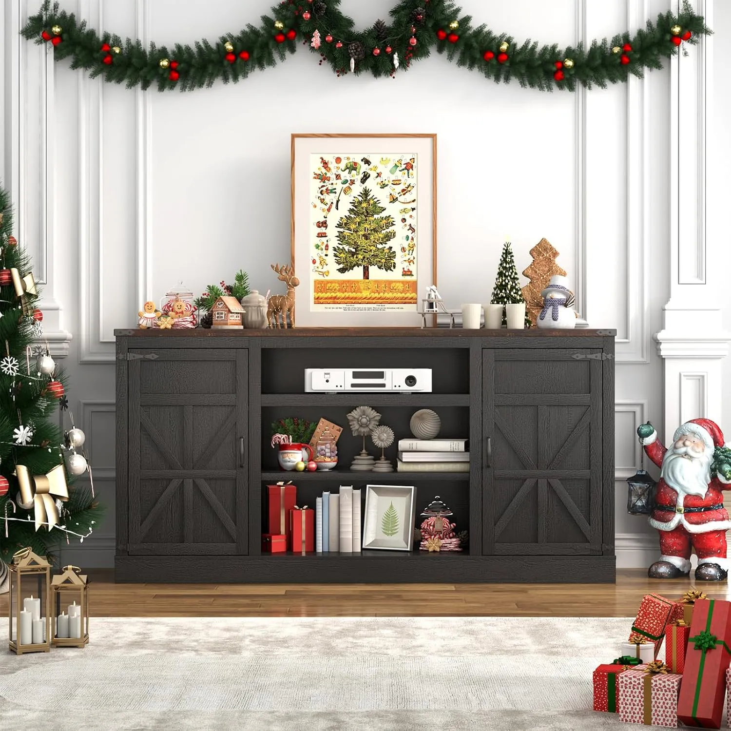 66" Farmhouse TV Stand with Power Outlets for 75 Inch TVs, 33" Tall Entertainment Center with Storage Cabinets w/Adjustable Shelves, Rustic Large TV Media Console for Living Room, Black