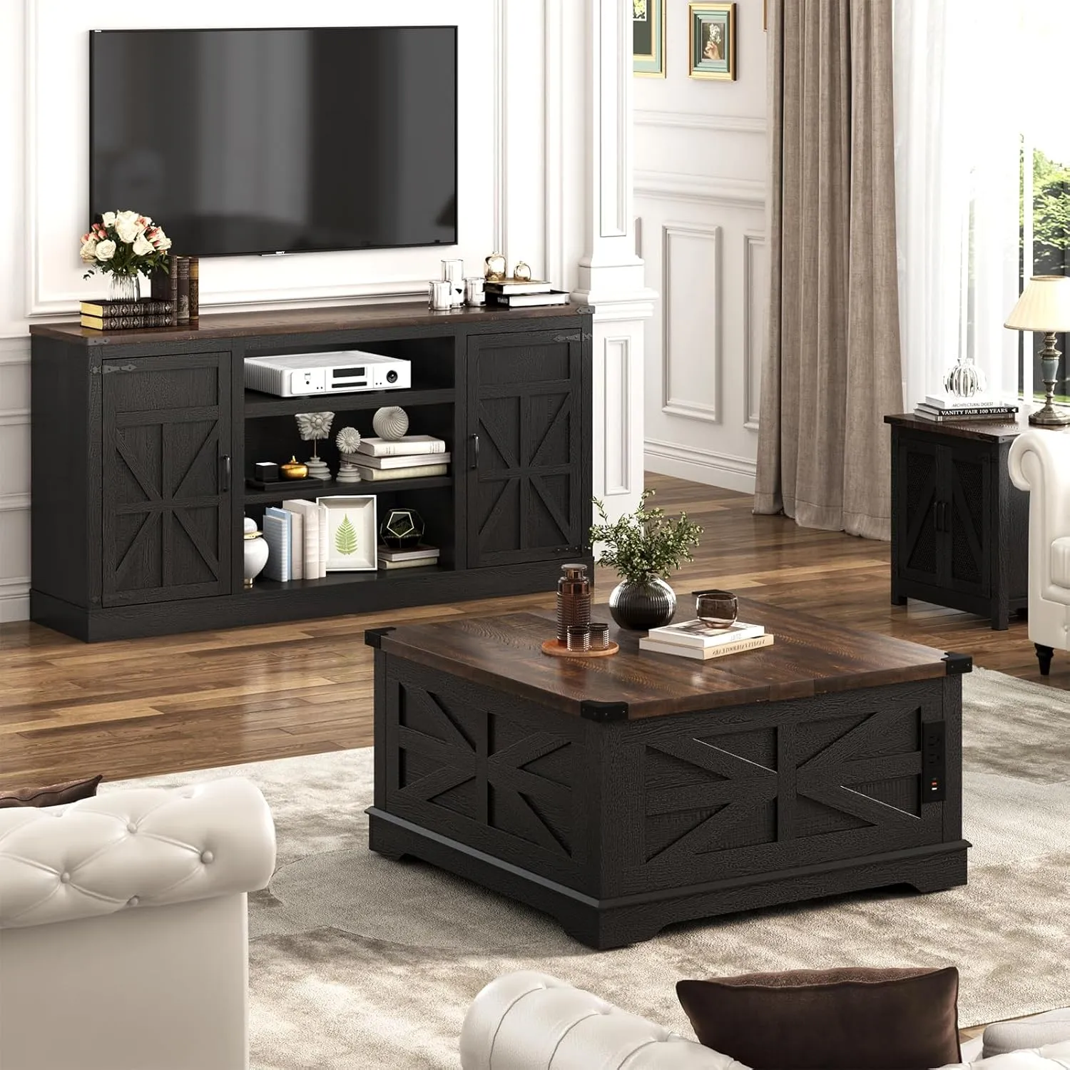 66" Farmhouse TV Stand with Power Outlets for 75 Inch TVs, 33" Tall Entertainment Center with Storage Cabinets w/Adjustable Shelves, Rustic Large TV Media Console for Living Room, Black