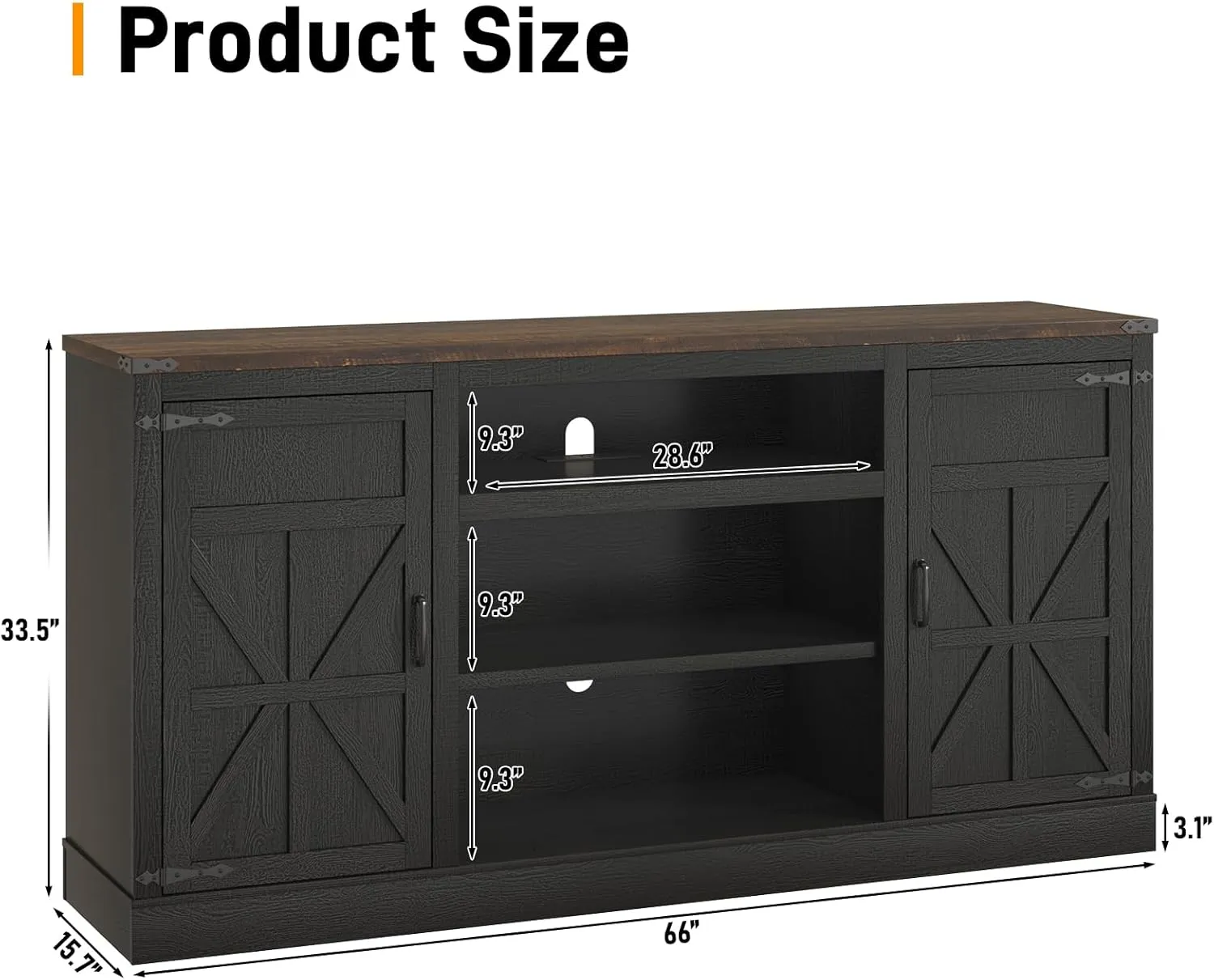 66" Farmhouse TV Stand with Power Outlets for 75 Inch TVs, 33" Tall Entertainment Center with Storage Cabinets w/Adjustable Shelves, Rustic Large TV Media Console for Living Room, Black