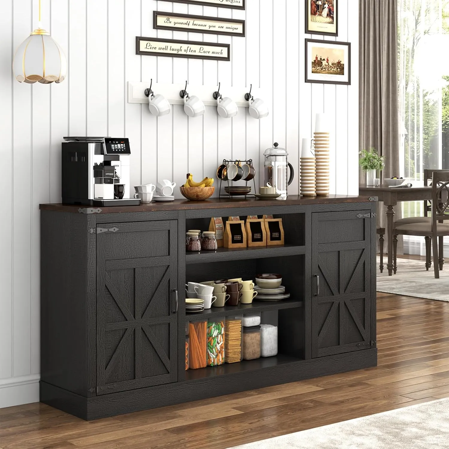 66" Farmhouse TV Stand with Power Outlets for 75 Inch TVs, 33" Tall Entertainment Center with Storage Cabinets w/Adjustable Shelves, Rustic Large TV Media Console for Living Room, Black