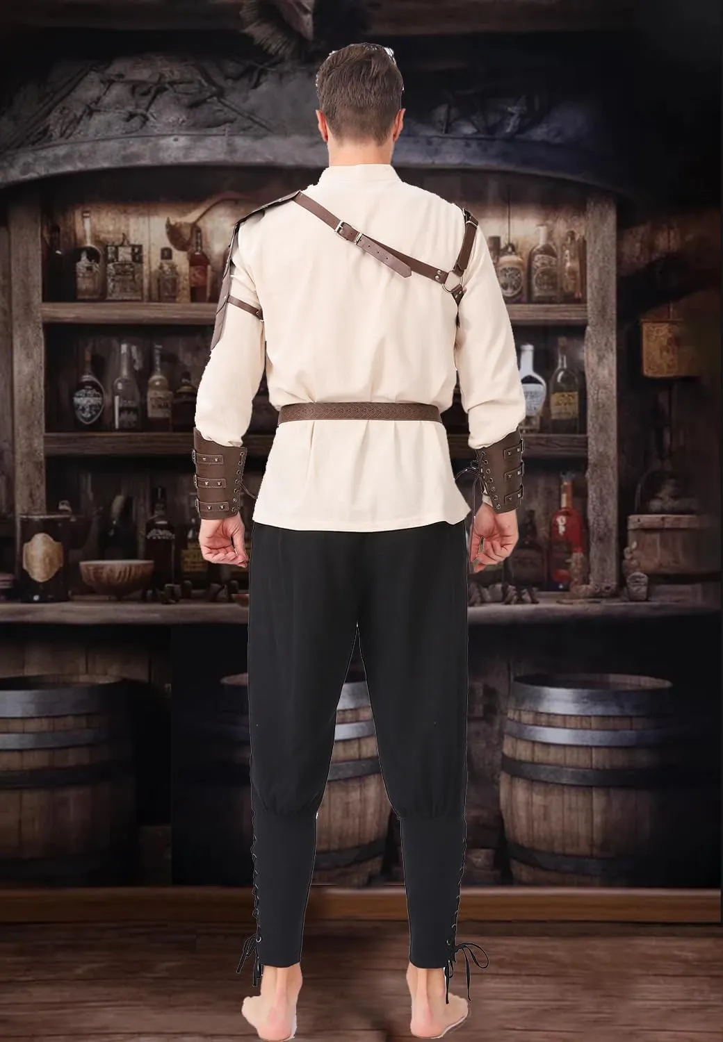 8 Pcs Men's Renaissance Pirate Costumes Halloween Medieval Shirt Pants Viking Costume Accessories Set Cosplay