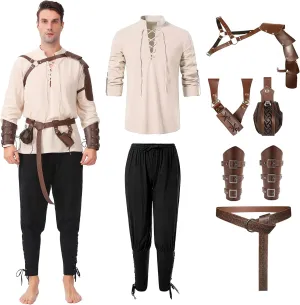 8 Pcs Men's Renaissance Pirate Costumes Halloween Medieval Shirt Pants Viking Costume Accessories Set Cosplay