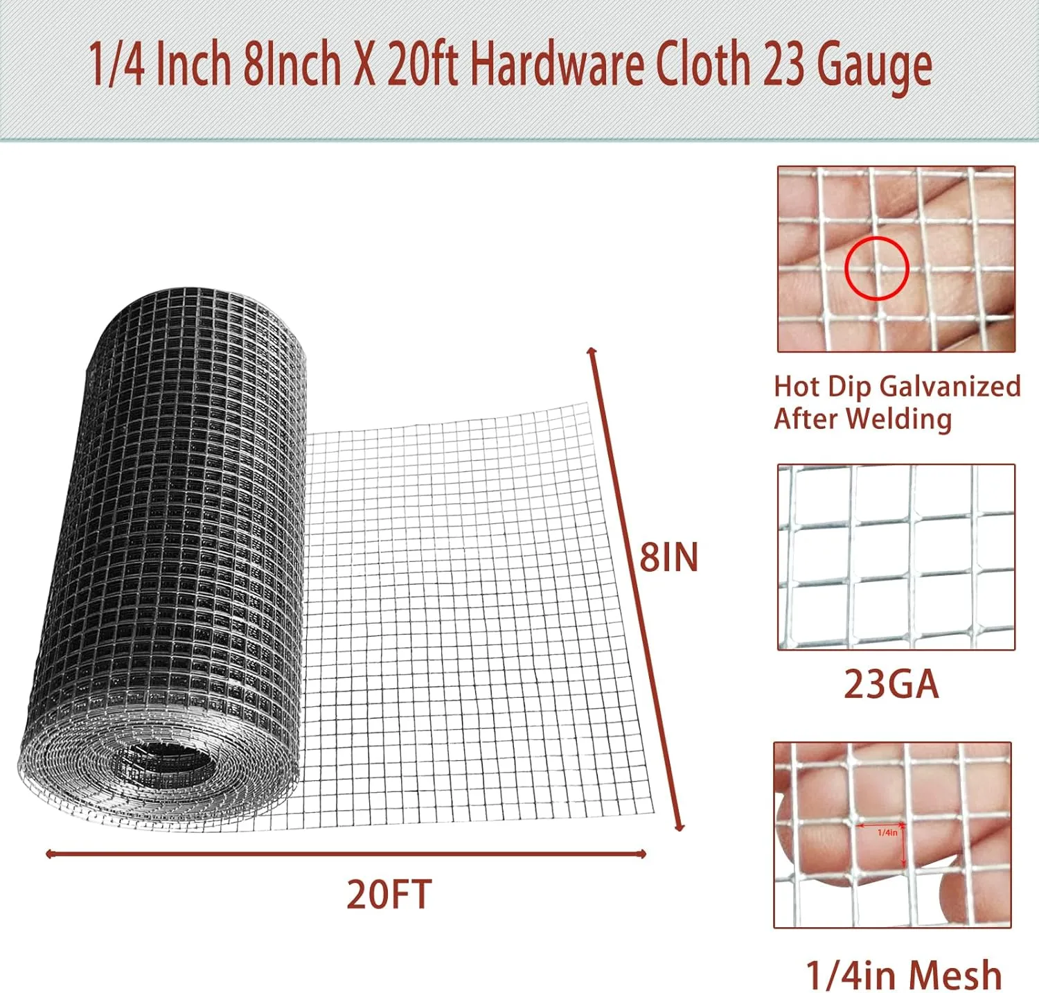 8in X 20ft Hardware Cloth 1/4 Inch 23Gauge, Galvanized Welded Wire Metal Roll, Garden Rabbit Fencing, Snake Fence, Chicken Gopher Racoons Critters Rehab Cage