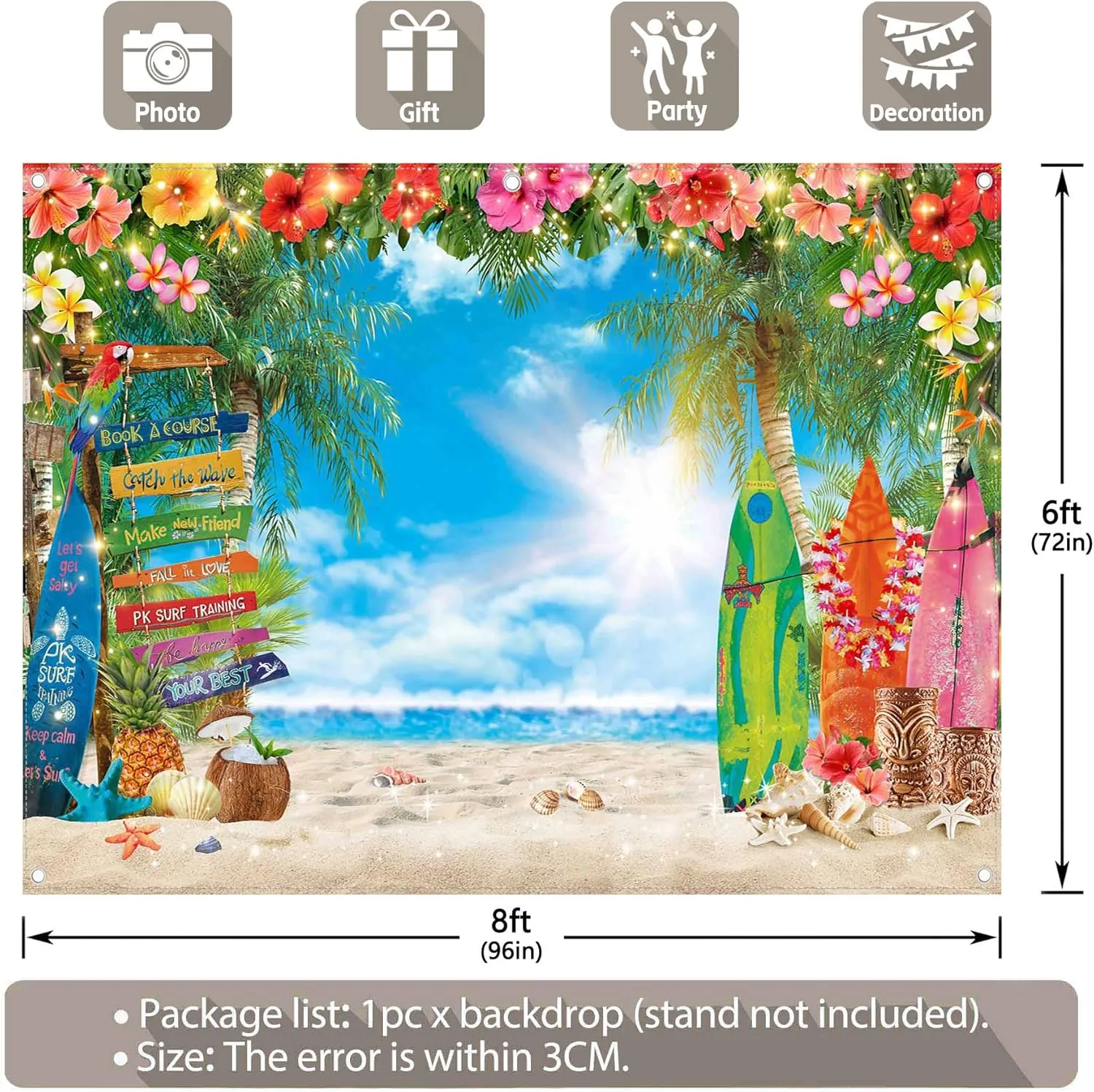 8x6ft Summer Hawaiian Beach Photography Backdrop Tropical Flower Palm Leaves Surfboard Background for Luau Aloha Party Decoration Banner Photo Booth