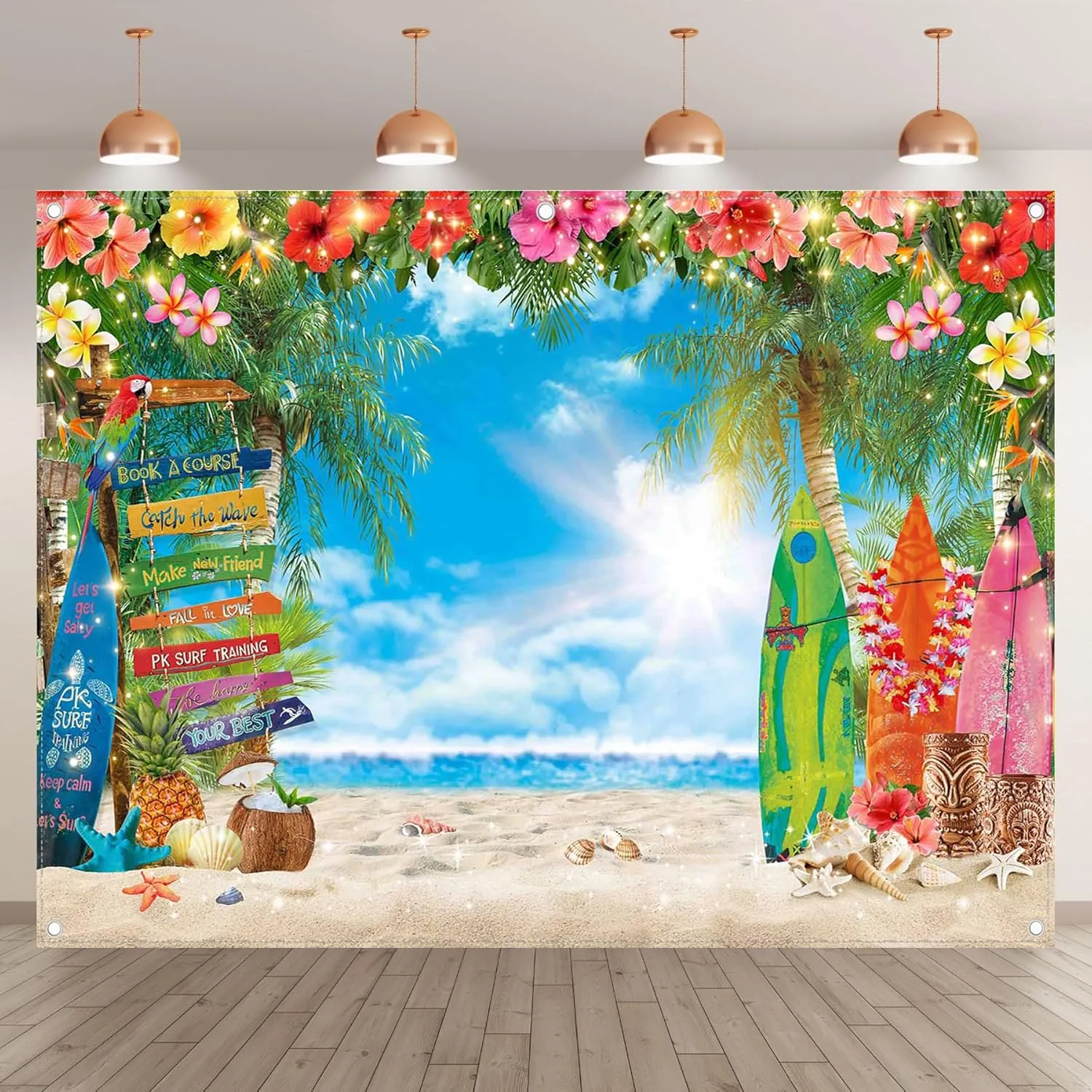 8x6ft Summer Hawaiian Beach Photography Backdrop Tropical Flower Palm Leaves Surfboard Background for Luau Aloha Party Decoration Banner Photo Booth