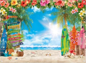 8x6ft Summer Hawaiian Beach Photography Backdrop Tropical Flower Palm Leaves Surfboard Background for Luau Aloha Party Decoration Banner Photo Booth