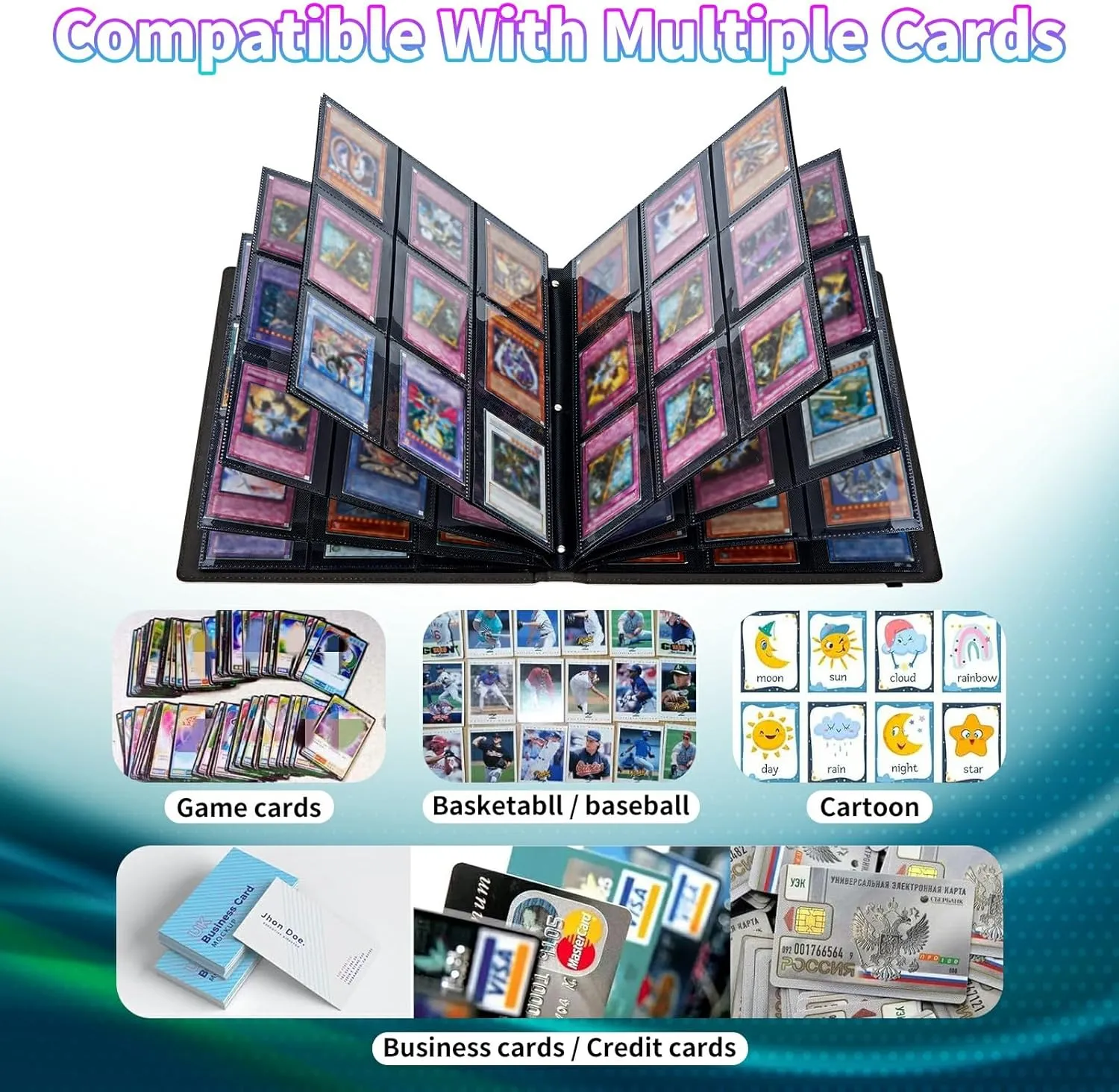 9 Pocket Trading Card Binder Album Folder, Game Mat Binder for 900 Cards, PU Leather Collector Album with Elastic Band for MTG TCG Sports Basketball Game Cards, Ocean Fish