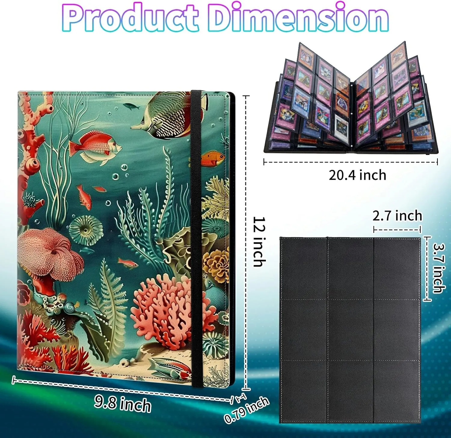 9 Pocket Trading Card Binder Album Folder, Game Mat Binder for 900 Cards, PU Leather Collector Album with Elastic Band for MTG TCG Sports Basketball Game Cards, Ocean Fish