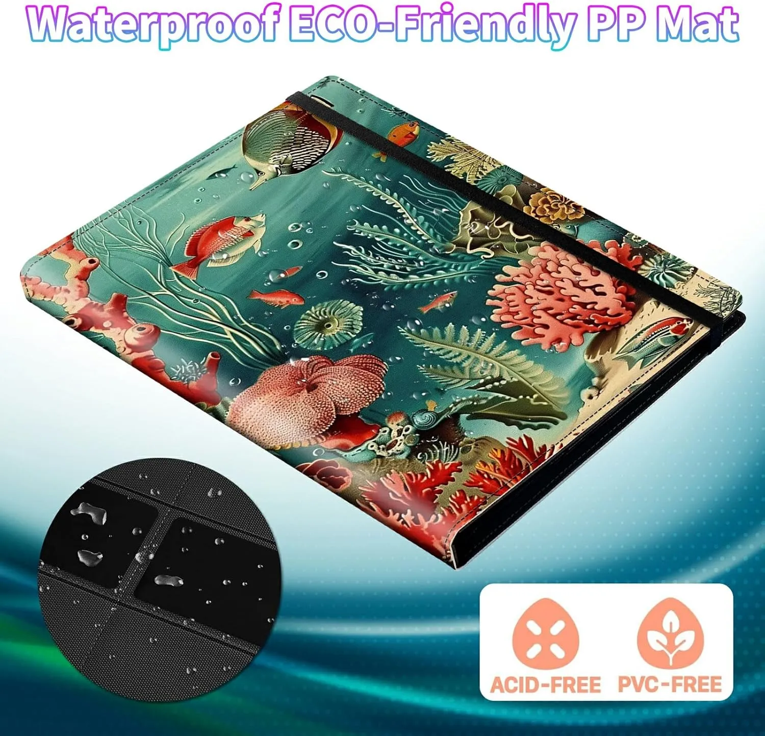 9 Pocket Trading Card Binder Album Folder, Game Mat Binder for 900 Cards, PU Leather Collector Album with Elastic Band for MTG TCG Sports Basketball Game Cards, Ocean Fish