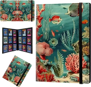 9 Pocket Trading Card Binder Album Folder, Game Mat Binder for 900 Cards, PU Leather Collector Album with Elastic Band for MTG TCG Sports Basketball Game Cards, Ocean Fish