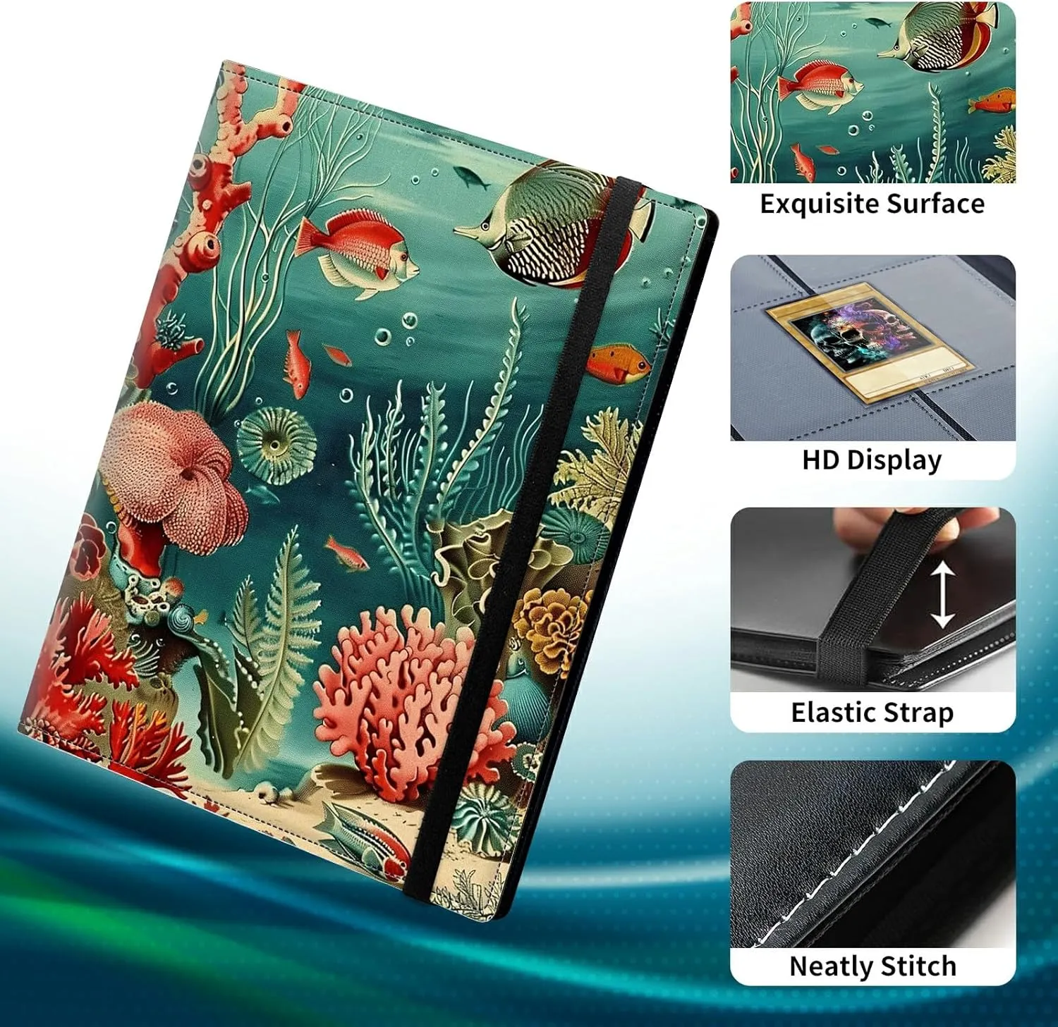 9 Pocket Trading Card Binder Album Folder, Game Mat Binder for 900 Cards, PU Leather Collector Album with Elastic Band for MTG TCG Sports Basketball Game Cards, Ocean Fish