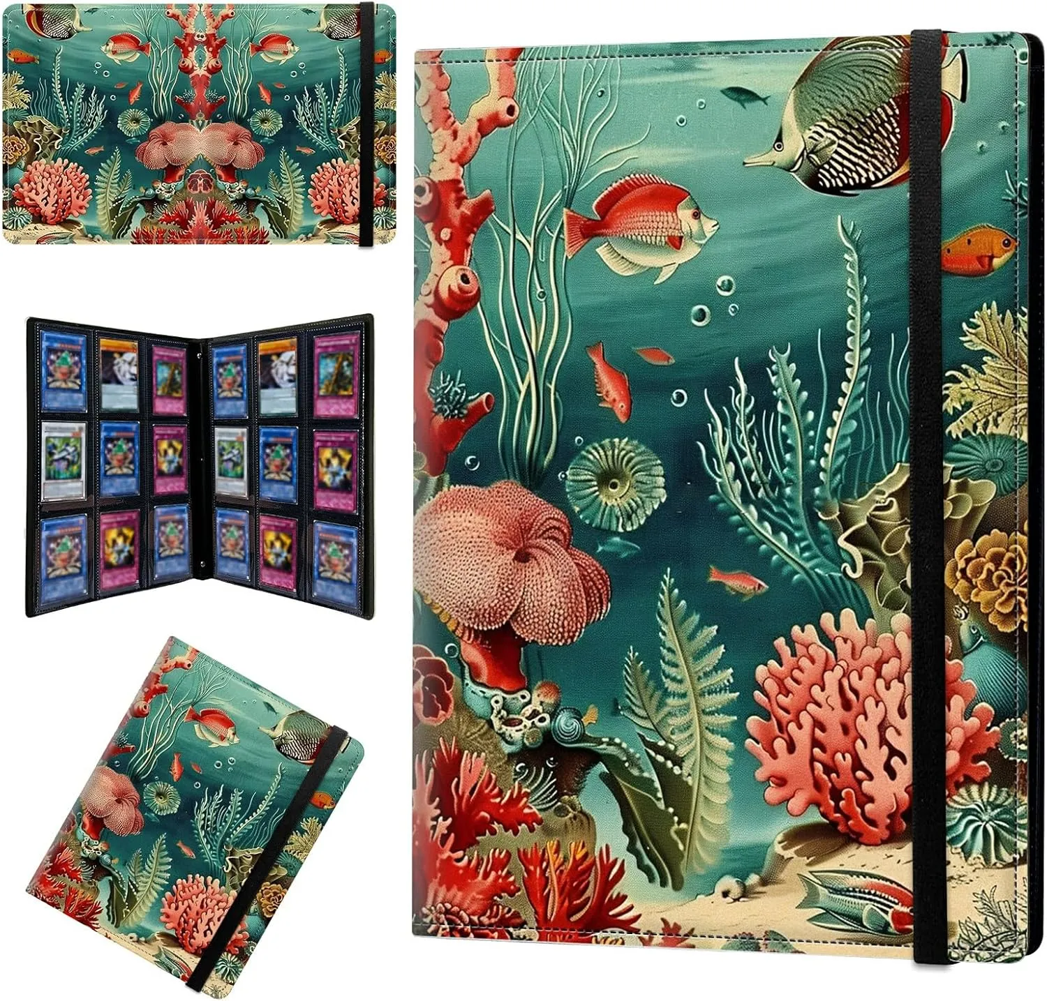 9 Pocket Trading Card Binder Album Folder, Game Mat Binder for 900 Cards, PU Leather Collector Album with Elastic Band for MTG TCG Sports Basketball Game Cards, Ocean Fish