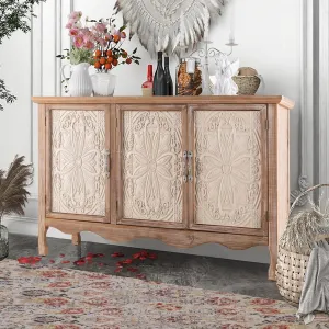 Accent Rustic Storage Cabinet With 3 Carved Doors, Vintage Sideboard Buffet With Shelves, Wood Entryway for Kitchen, Dining Room, Living Room, Bedroom, Natural