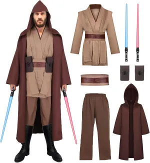 Adult Jedi Costume Men Halloween Costumes Tunic Hooded Robe Knight Cosplay Full Set Cloak with Lightsaber Waist Bag
