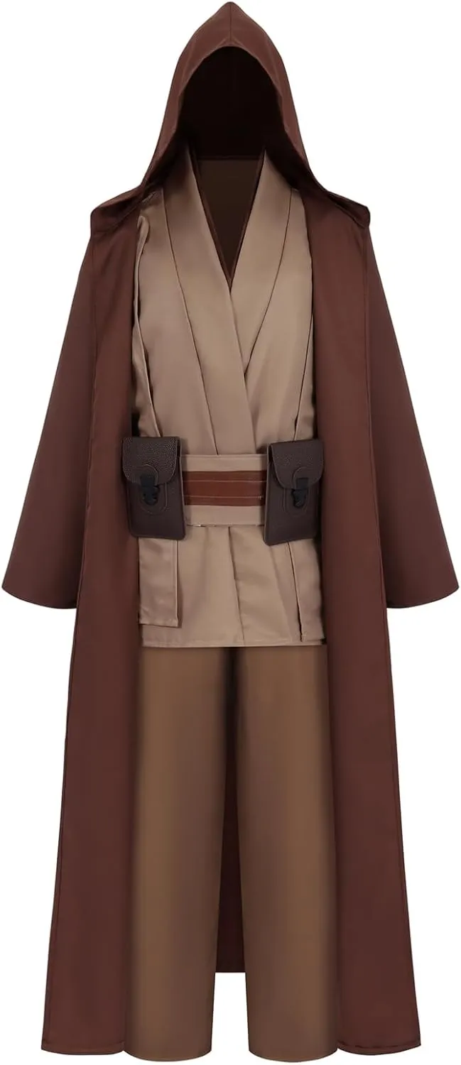 Adult Jedi Costume Men Halloween Costumes Tunic Hooded Robe Knight Cosplay Full Set Cloak with Lightsaber Waist Bag