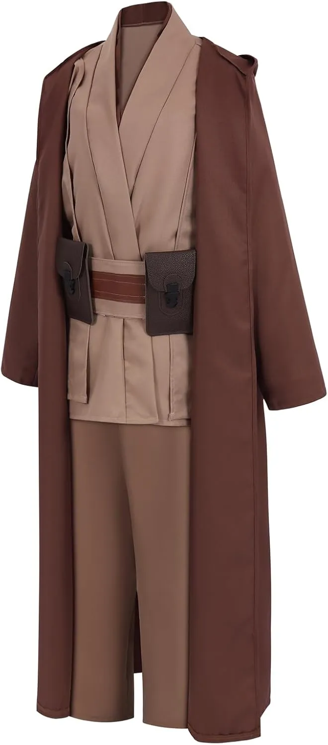 Adult Jedi Costume Men Halloween Costumes Tunic Hooded Robe Knight Cosplay Full Set Cloak with Lightsaber Waist Bag
