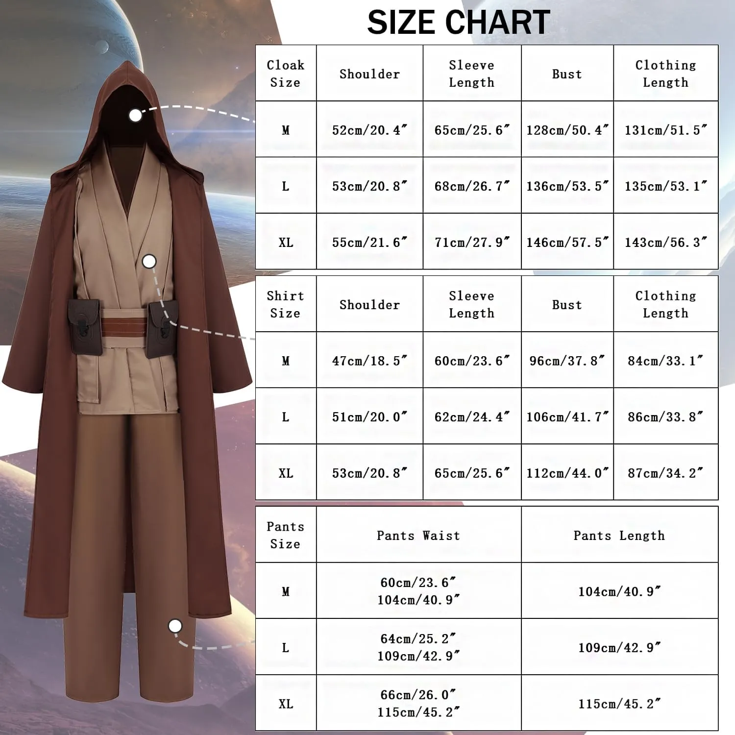 Adult Jedi Costume Men Halloween Costumes Tunic Hooded Robe Knight Cosplay Full Set Cloak with Lightsaber Waist Bag